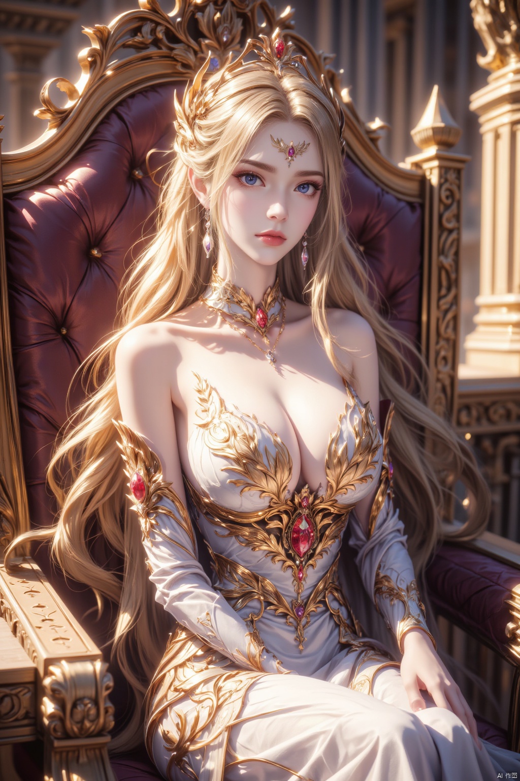 1girl, solo, long hair, breasts, looking at viewer, blue eyes, blonde hair, large breasts, dress, cleavage, bare shoulders, jewelry, sitting, earrings, detached sleeves, indoors, white dress, lips, chair, throne