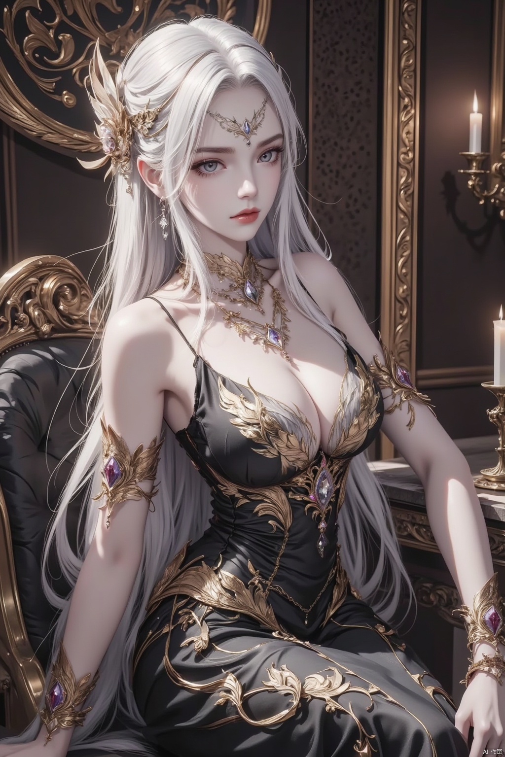 1girl, solo, long hair, breasts, looking at viewer, hair ornament, dress, holding, bare shoulders, jewelry, sitting, white hair, earrings, indoors, black dress, bracelet, grey eyes, armlet, candle