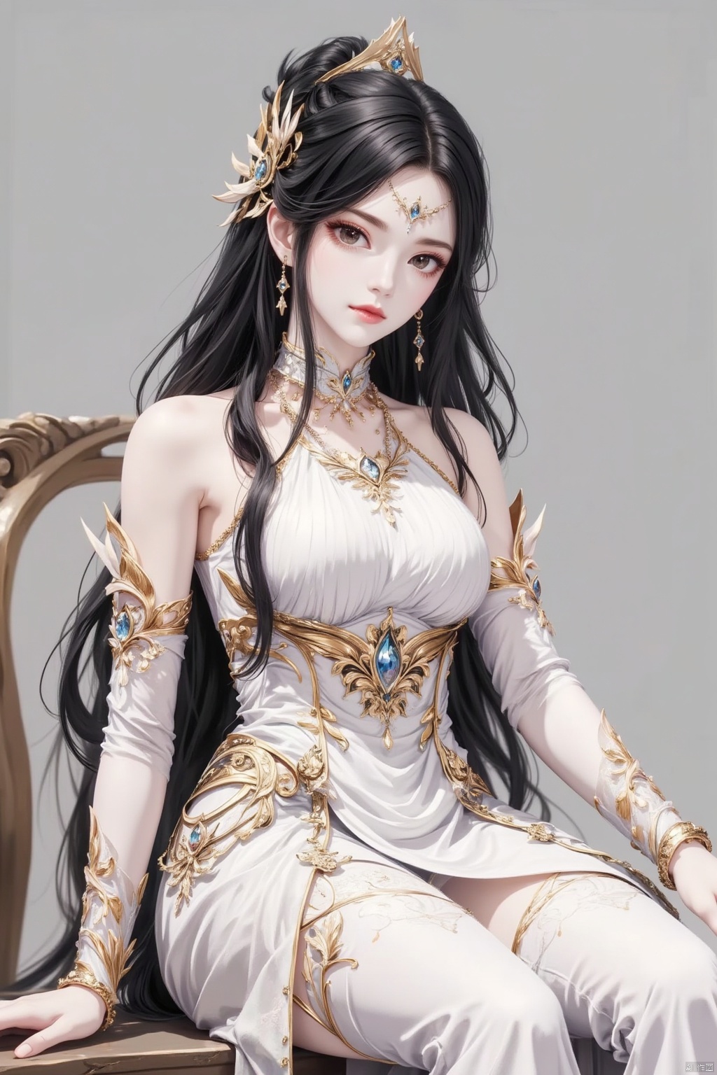 1girl, solo, long hair, looking at viewer, black hair, hair ornament, thighhighs, dress, bare shoulders, jewelry, sitting, earrings, detached sleeves, white dress, bracelet