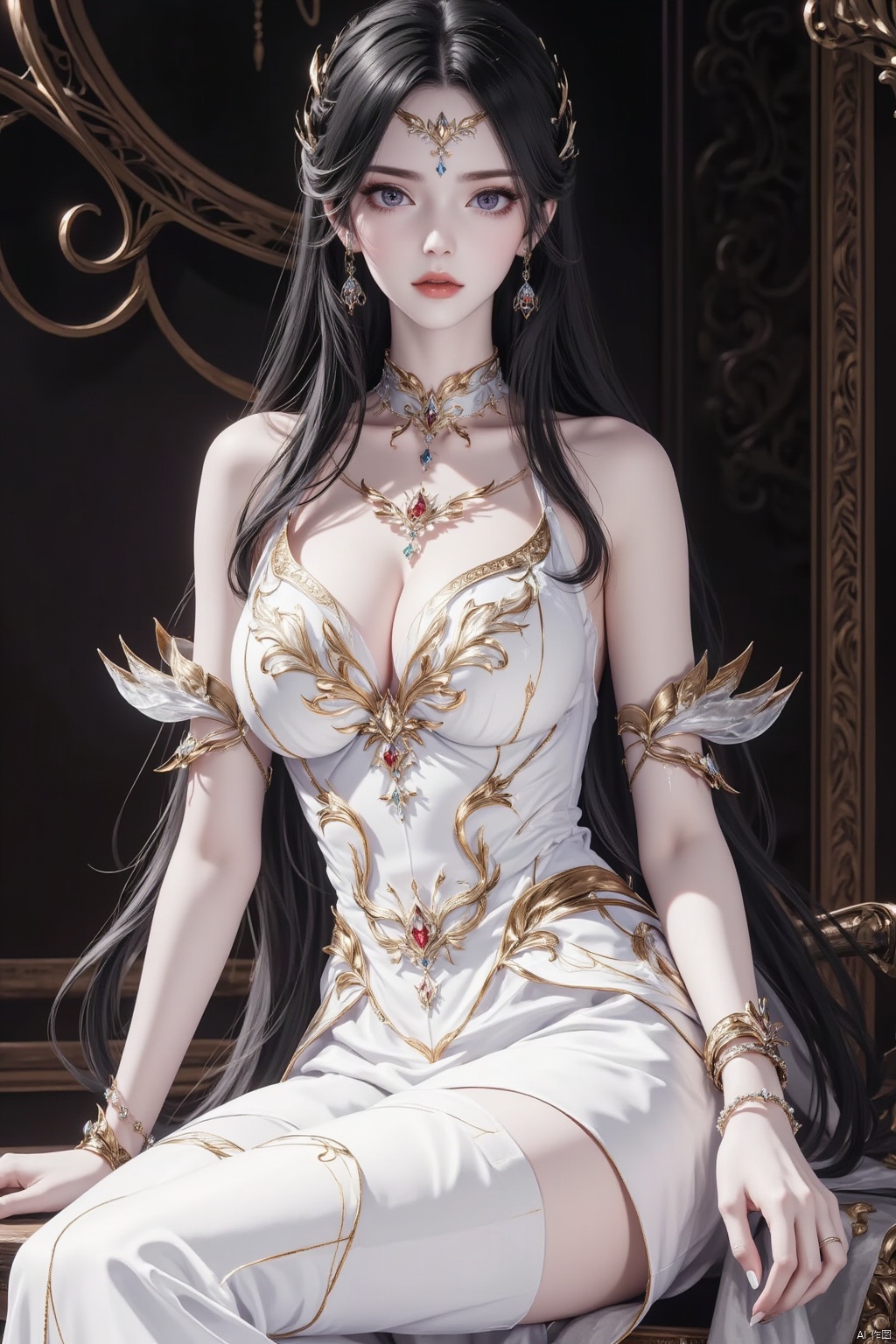 1girl, solo, long hair, looking at viewer, black hair, hair ornament, thighhighs, dress, bare shoulders, jewelry, sitting, earrings, detached sleeves, white dress, bracelet