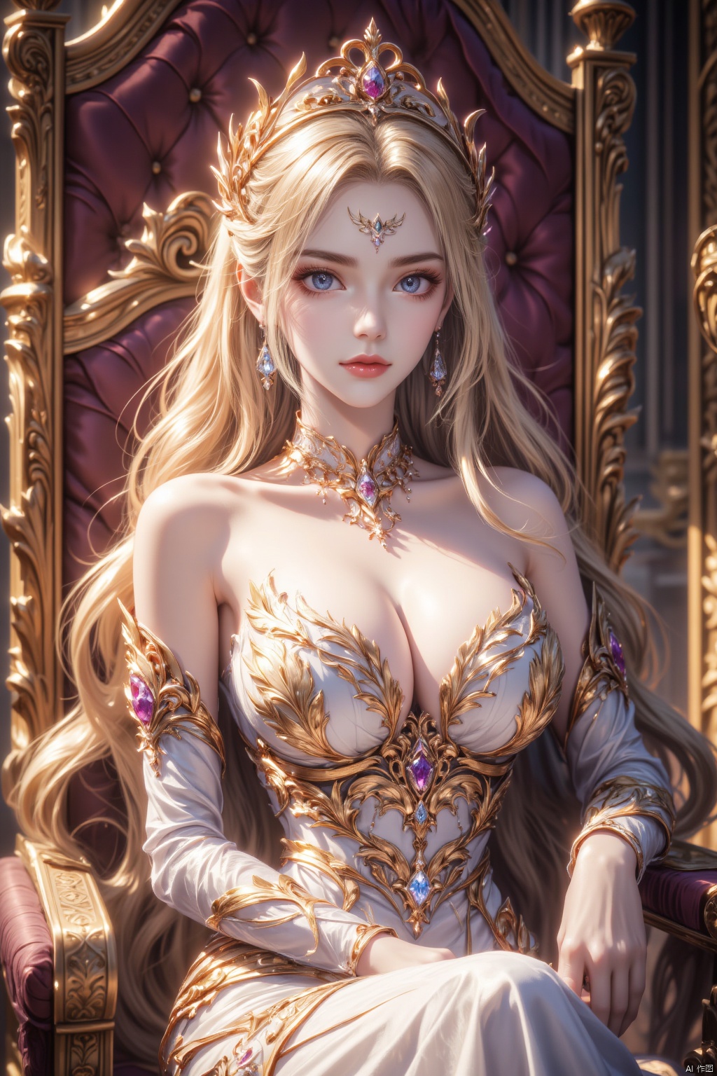 1girl, solo, long hair, breasts, looking at viewer, blue eyes, blonde hair, large breasts, dress, cleavage, bare shoulders, jewelry, sitting, earrings, detached sleeves, indoors, white dress, lips, chair, throne