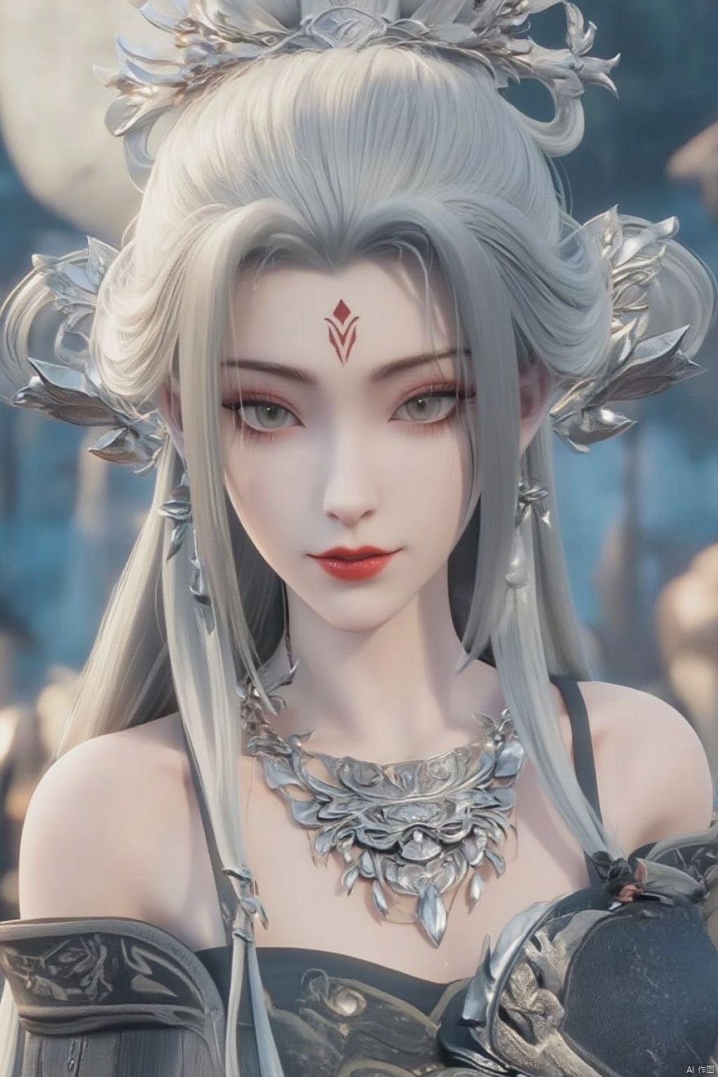 1girl, solo, long hair, hair ornament, dress, bare shoulders, jewelry, upper body, white hair, earrings, blurry, blurry background, facial mark, forehead mark, red lips