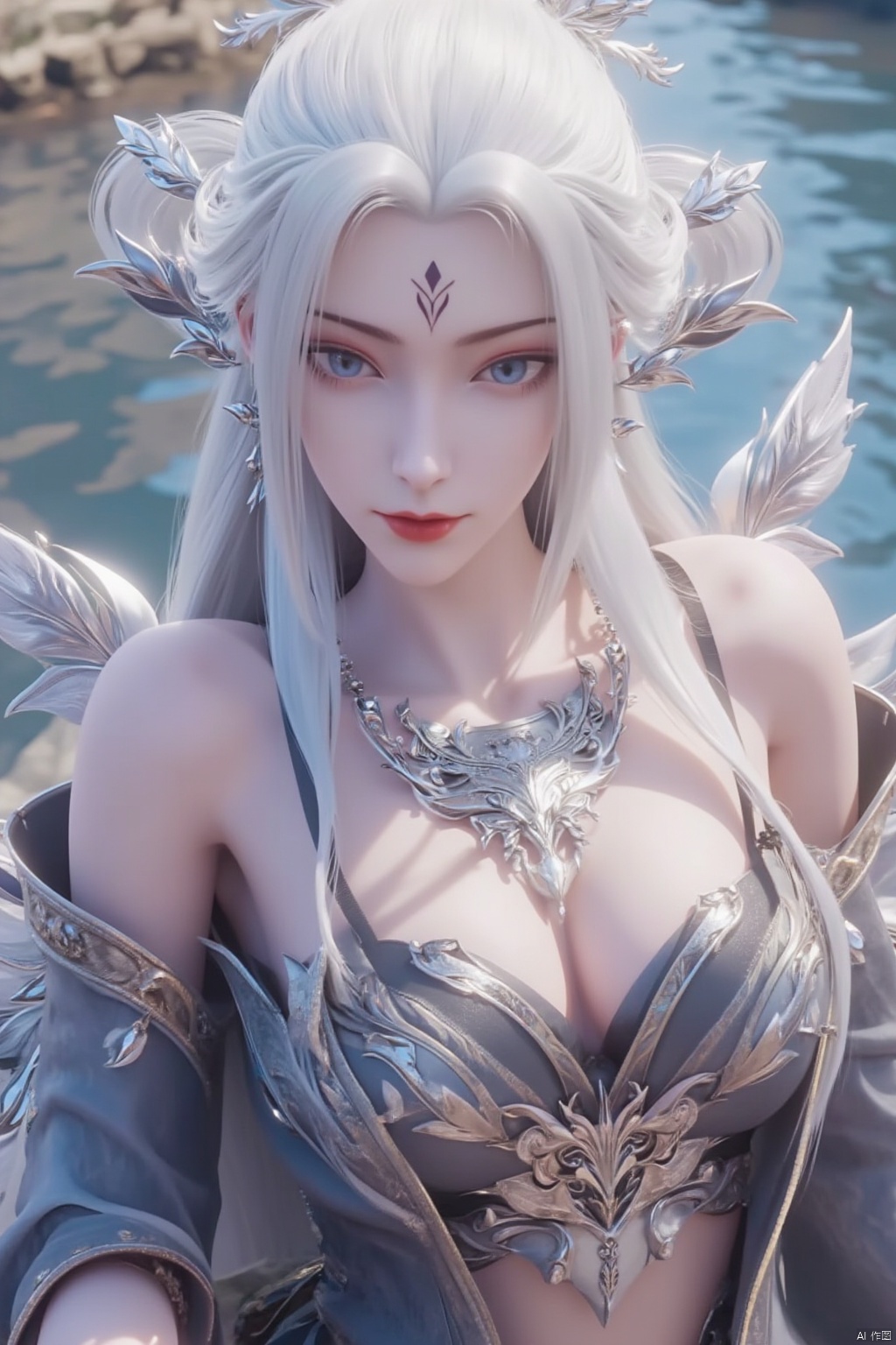 1girl, solo, long hair, breasts, looking at viewer, blue eyes, skirt, large breasts, hair ornament, navel, cleavage, bare shoulders, jewelry, wings, water, bracelet, red lips,qdf,	forehead mark,white hair