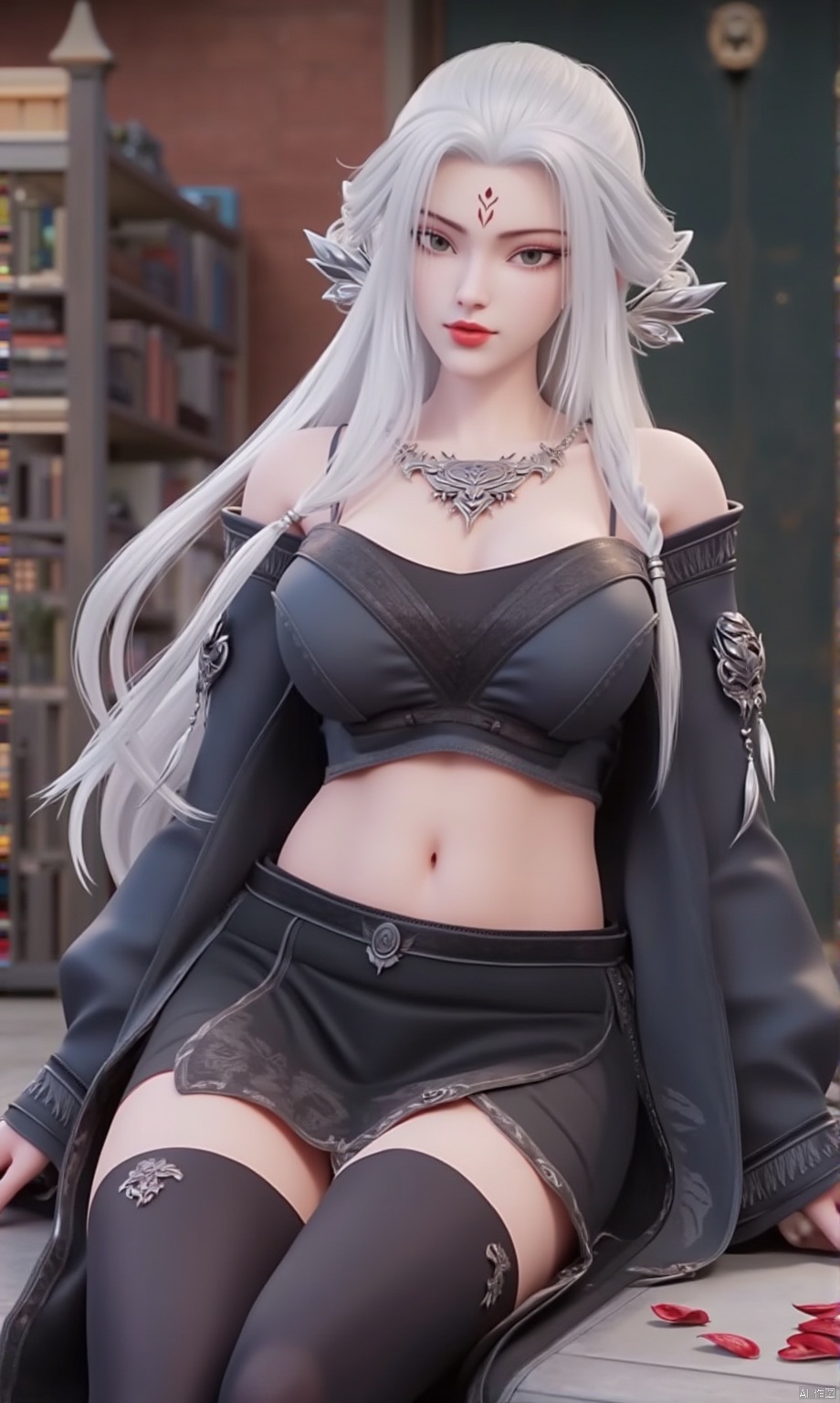  8K image. ((poakl)),white hair,Flux小白-起风,,GF,1girl, solo, long hair, breasts, looking at viewer, skirt, shirt, thighhighs, navel, cleavage, bare shoulders, jewelry, medium breasts, sitting, closed mouth, collarbone, flower, white hair, midriff, black thighhighs, indoors, black skirt, necklace, off shoulder, stomach, crop top, grey eyes, book, petals, black shirt, makeup, facial mark, lipstick, red flower, single thighhigh, pale skin, forehead mark, red lips, book stack,qdf,	forehead mark