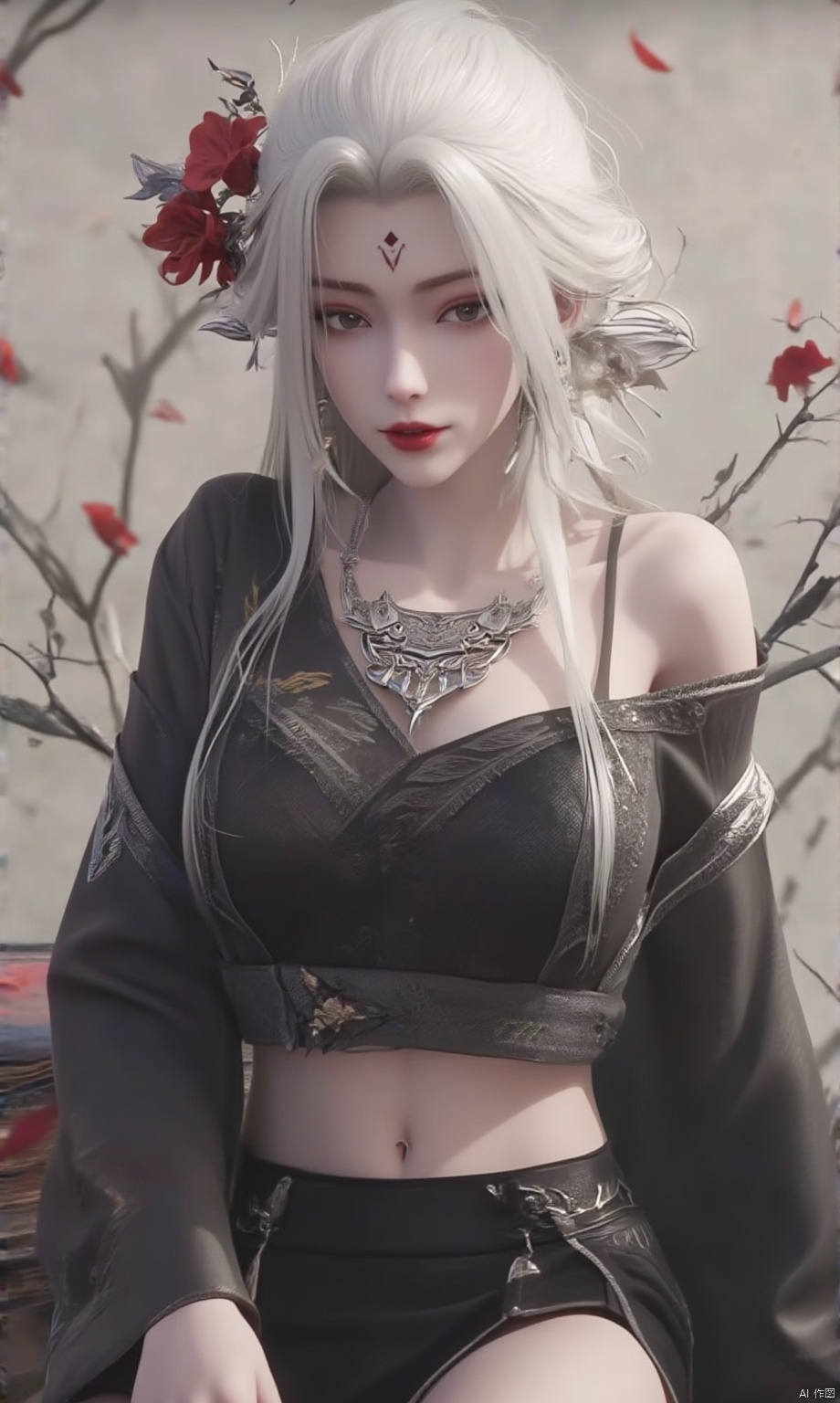  8K image. ((poakl)),white hair,Flux小白-起风,,GF,1girl, solo, long hair, breasts, looking at viewer, skirt, shirt, thighhighs, navel, cleavage, bare shoulders, jewelry, medium breasts, sitting, closed mouth, collarbone, flower, white hair, midriff, black thighhighs, indoors, black skirt, necklace, off shoulder, stomach, crop top, grey eyes, book, petals, black shirt, makeup, facial mark, lipstick, red flower, single thighhigh, pale skin, forehead mark, red lips, book stack,qdf,	forehead mark