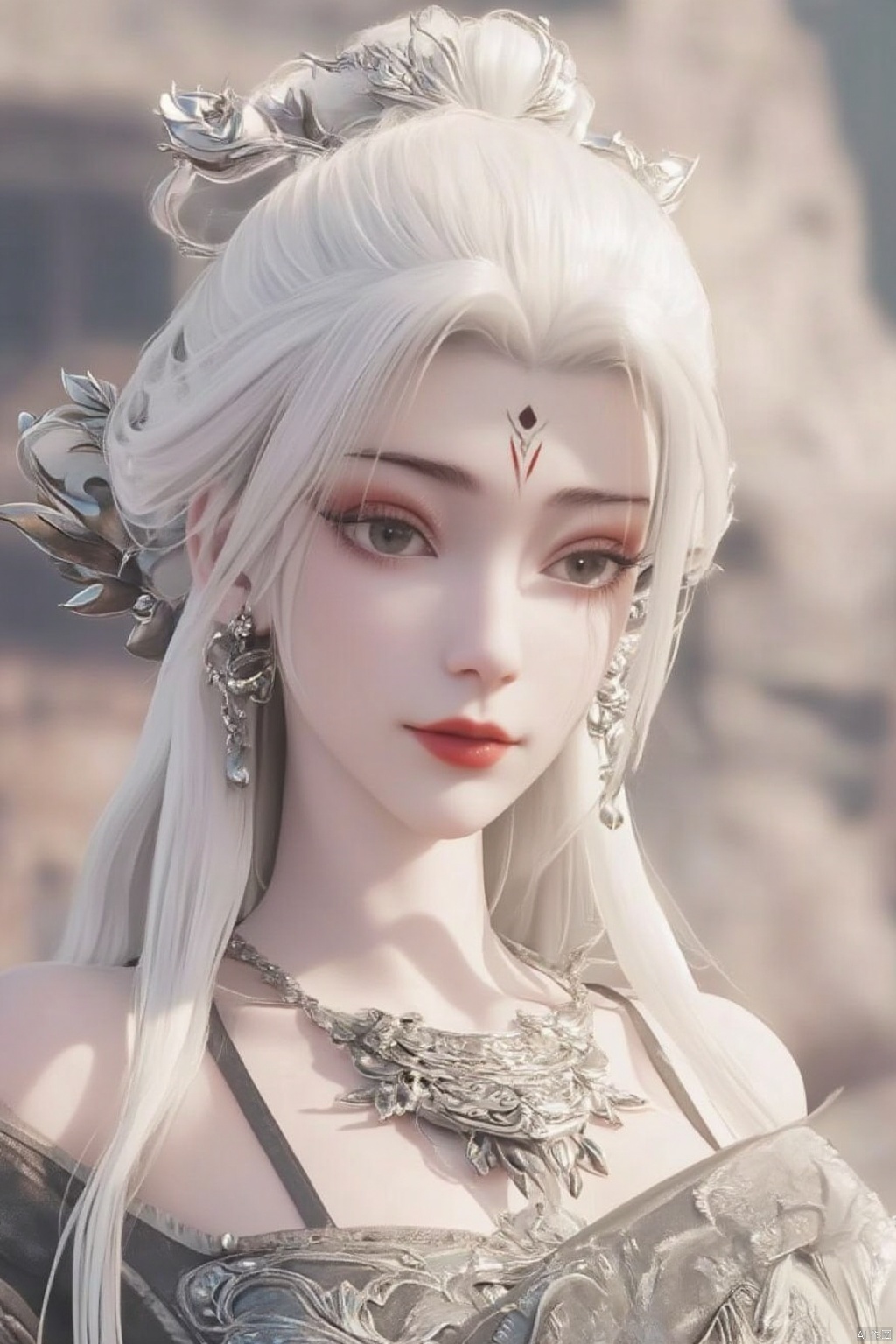 1girl, solo, long hair, hair ornament, dress, bare shoulders, jewelry, upper body, white hair, earrings, blurry, blurry background, facial mark, forehead mark, red lips