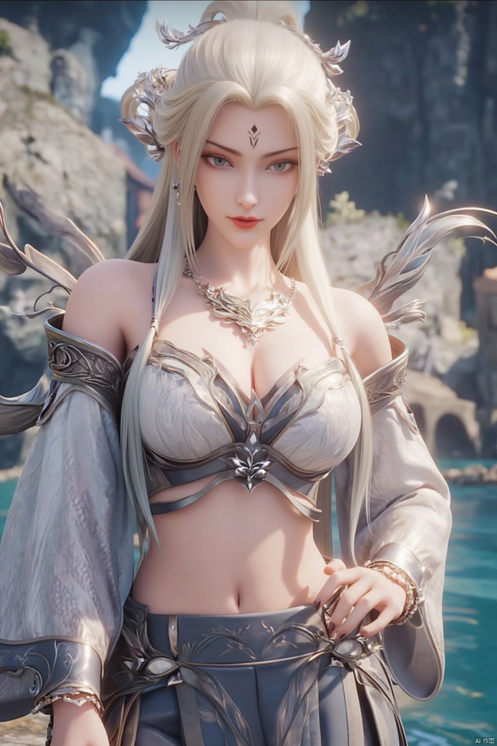 1girl, solo, long hair, breasts, looking at viewer, blue eyes, skirt, blonde hair, large breasts, hair ornament, navel, cleavage, bare shoulders, jewelry, wings, water, bracelet, red lips,qdf,	forehead mark,white hair
