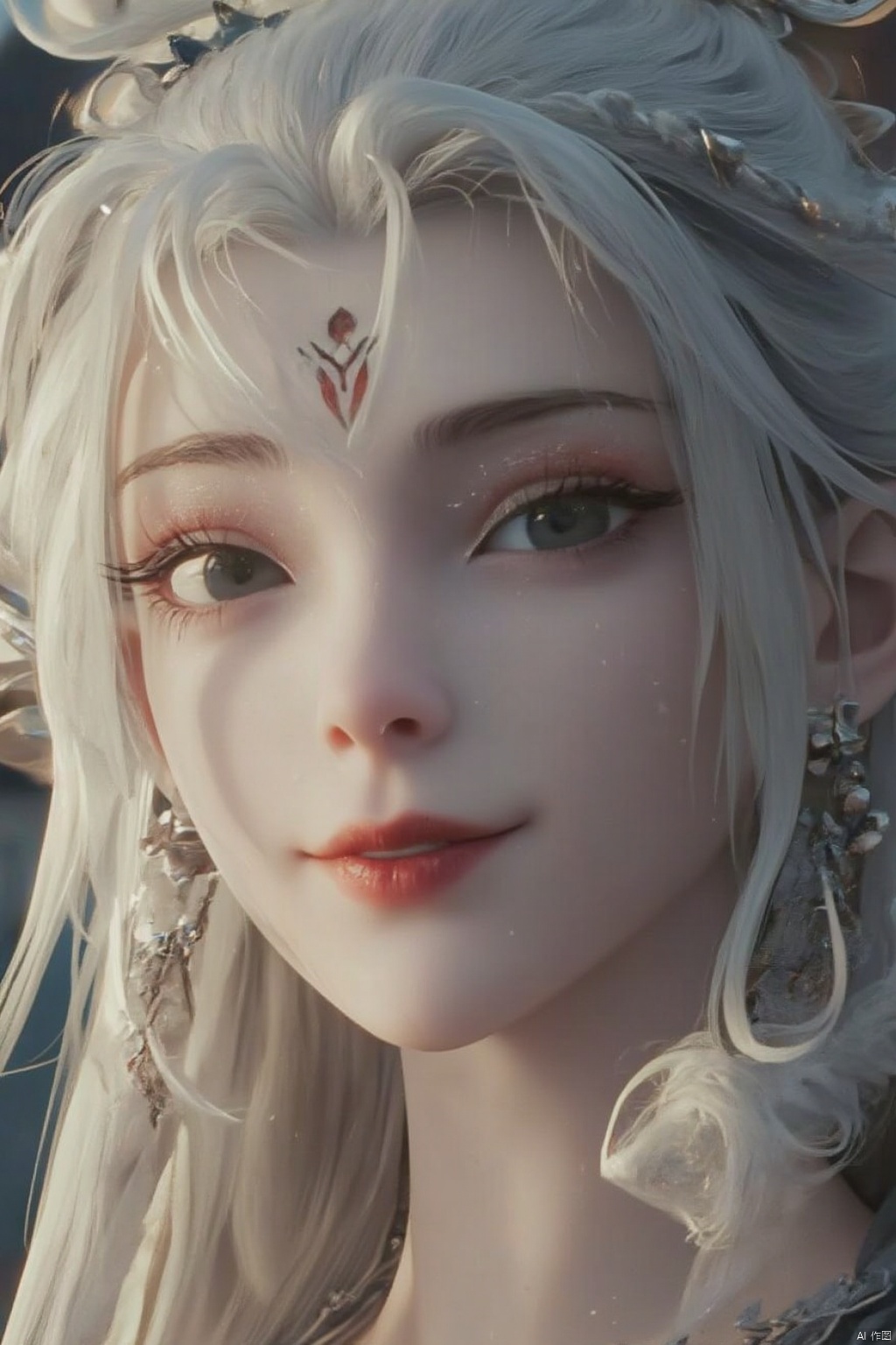 1girl, long hair, looking at viewer, smile, hair ornament, 1boy, braid, white hair, solo focus, blurry, makeup, blurry background, facial mark, head rest, forehead mark, red lips