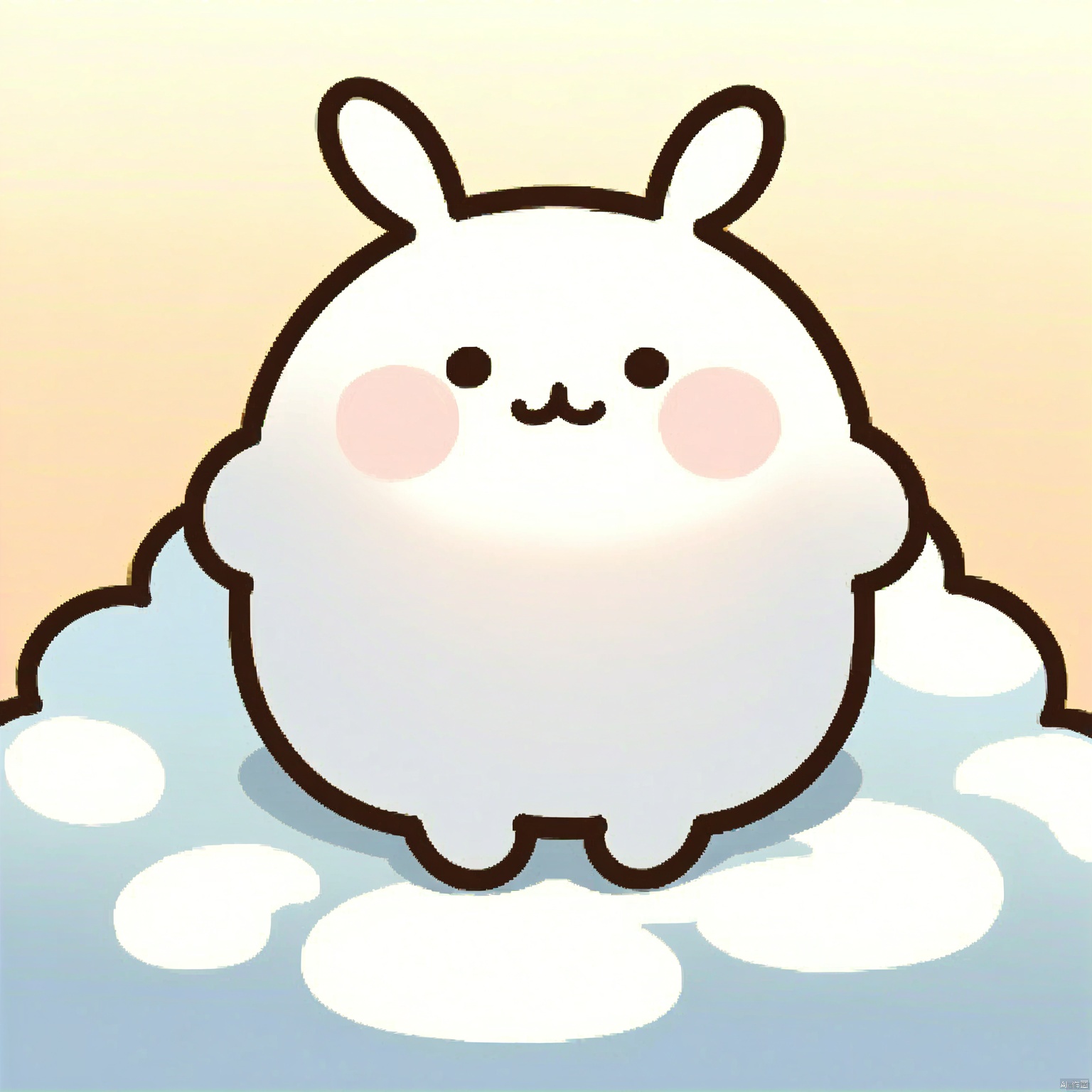 bestquality, 1 white cartoon bunny, no human, solo, smile, round face, small black eyes, dumpy body, sitting on a cloud.