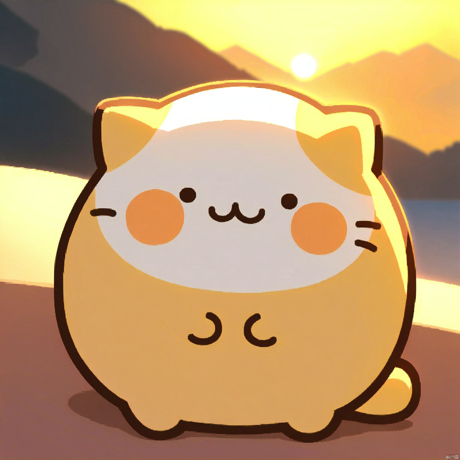 bestquality, 1 cartoon cat, no human, solo, smile, round face, small black eyes, dumpy body, cartoon, basking in the sun, cartoon