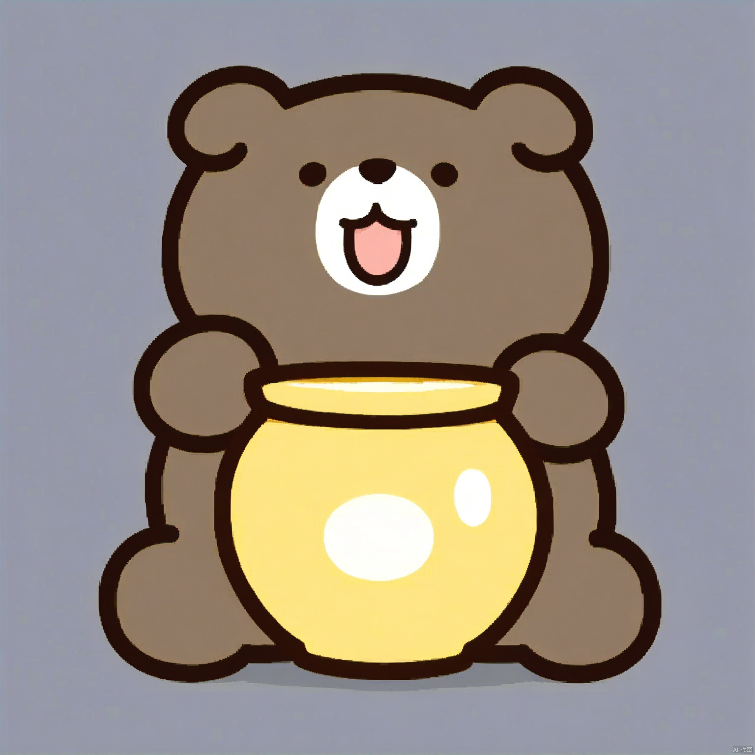 bestquality, 1 cartoon bear, no human, solo, laughing, round face, small black eyes, dumpy body, playing with a honey pot, cartoon