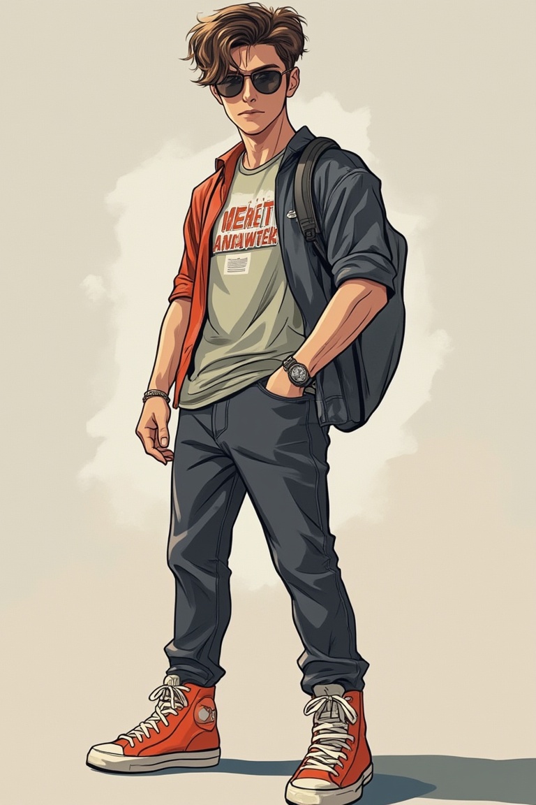 vibrant webtoon-style portrait of a handsome man with a striking look,  dressed in trendy K-pop fashion. He is confidently...