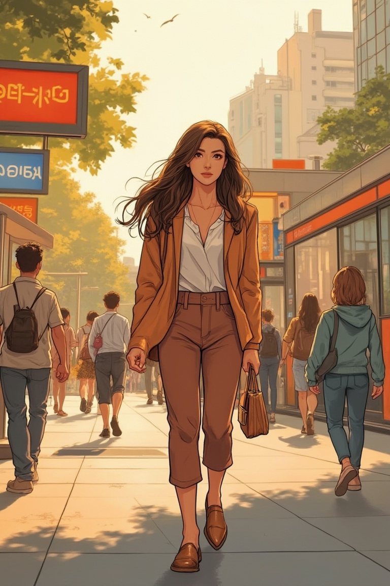 A vibrant webtoon-style illustration of a woman walking towards a bus station. She has a determined expression,  carrying...
