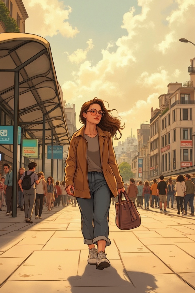 A vibrant webtoon-style illustration of a woman walking towards a bus station. She has a determined expression,  carrying...