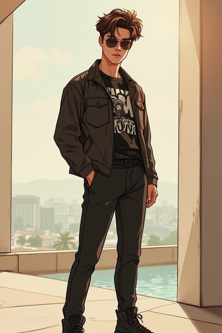 vibrant webtoon-style portrait of a handsome man with a striking look,  dressed in trendy K-pop fashion. He is confidently...