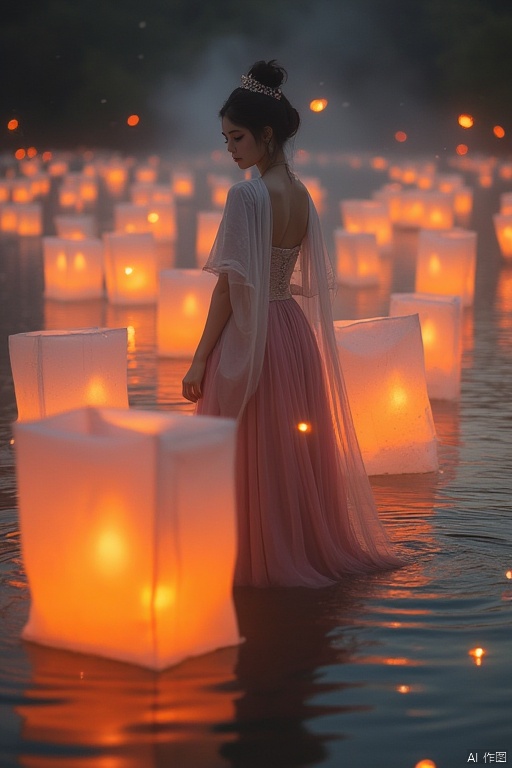 Elegant photo of the outdoors ,A serene scene of a woman in traditional attire, standing amidst floating lanterns on what appears to be an ethereal body of water.