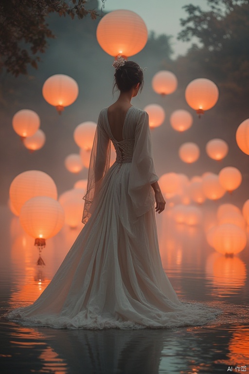 Elegant photo of the outdoors ,A serene scene of a woman in traditional attire, standing amidst floating lanterns on what appears to be an ethereal body of water.