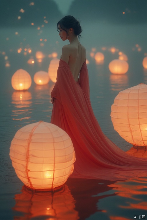 Elegant photo of the outdoors ,A serene scene of a woman in traditional attire, standing amidst floating lanterns on what appears to be an ethereal body of water.