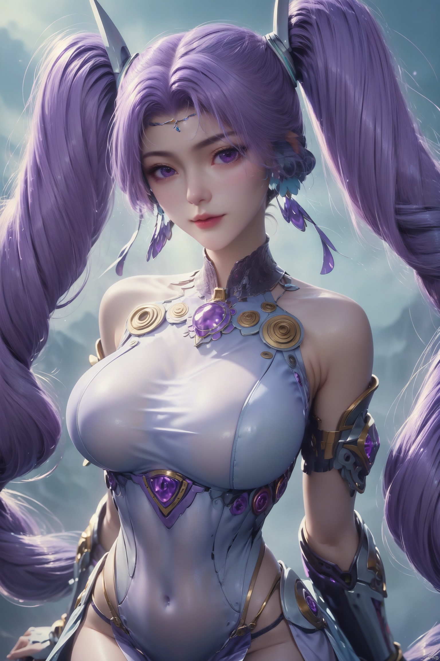 score_9, score_8_up, score_7_up,highly detailed digital,1girl, solo, long hair, looking at viewer, large breasts, twintails, jewelry, very long hair, purple eyes, purple hair,,She has pale, almost translucent skin,1girl,meidusha