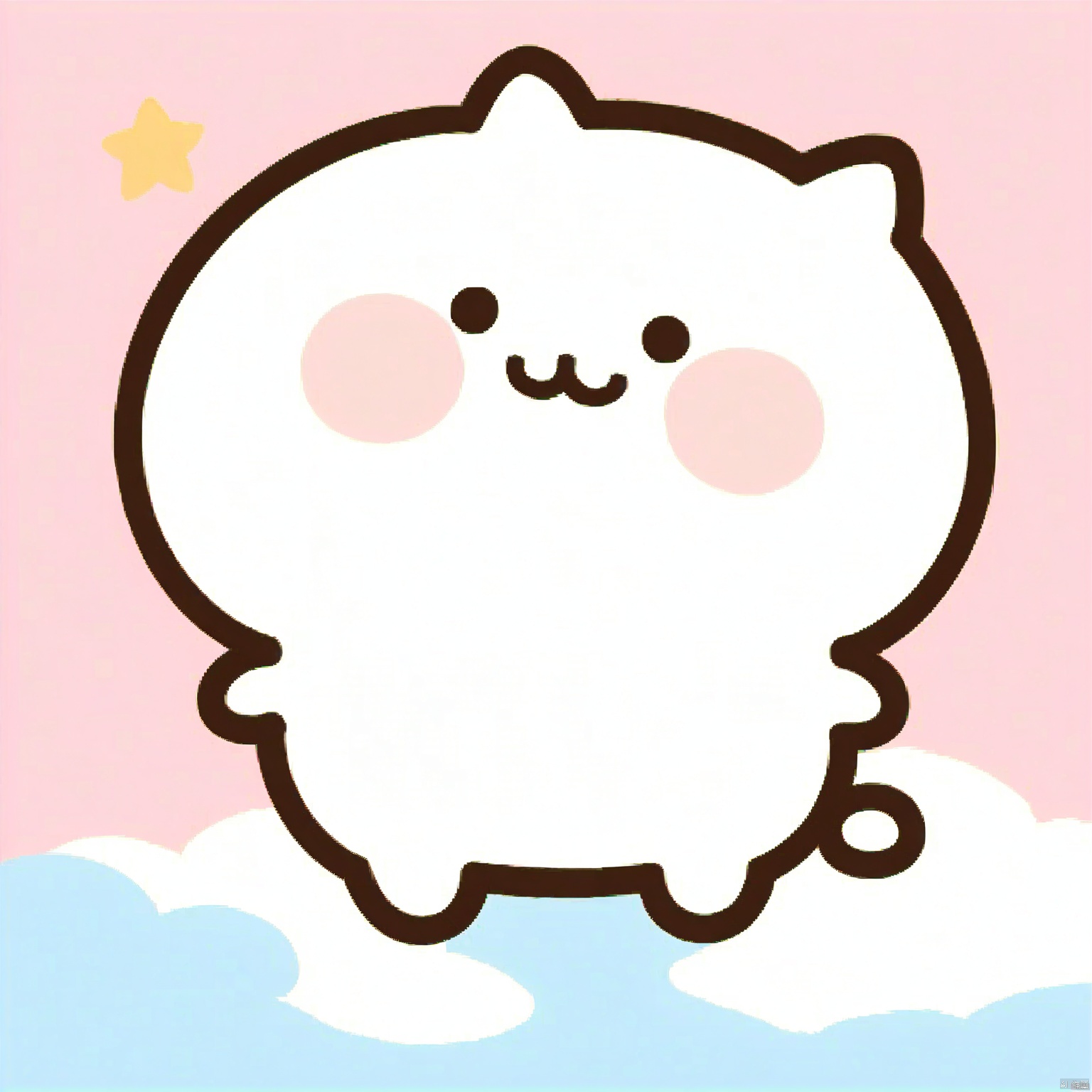 bestquality, 1 white cartoon cat, no human, solo, smile, round face, small black eyes, dumpy body, cartoon, star, sitting in the cloud, light pink background.
