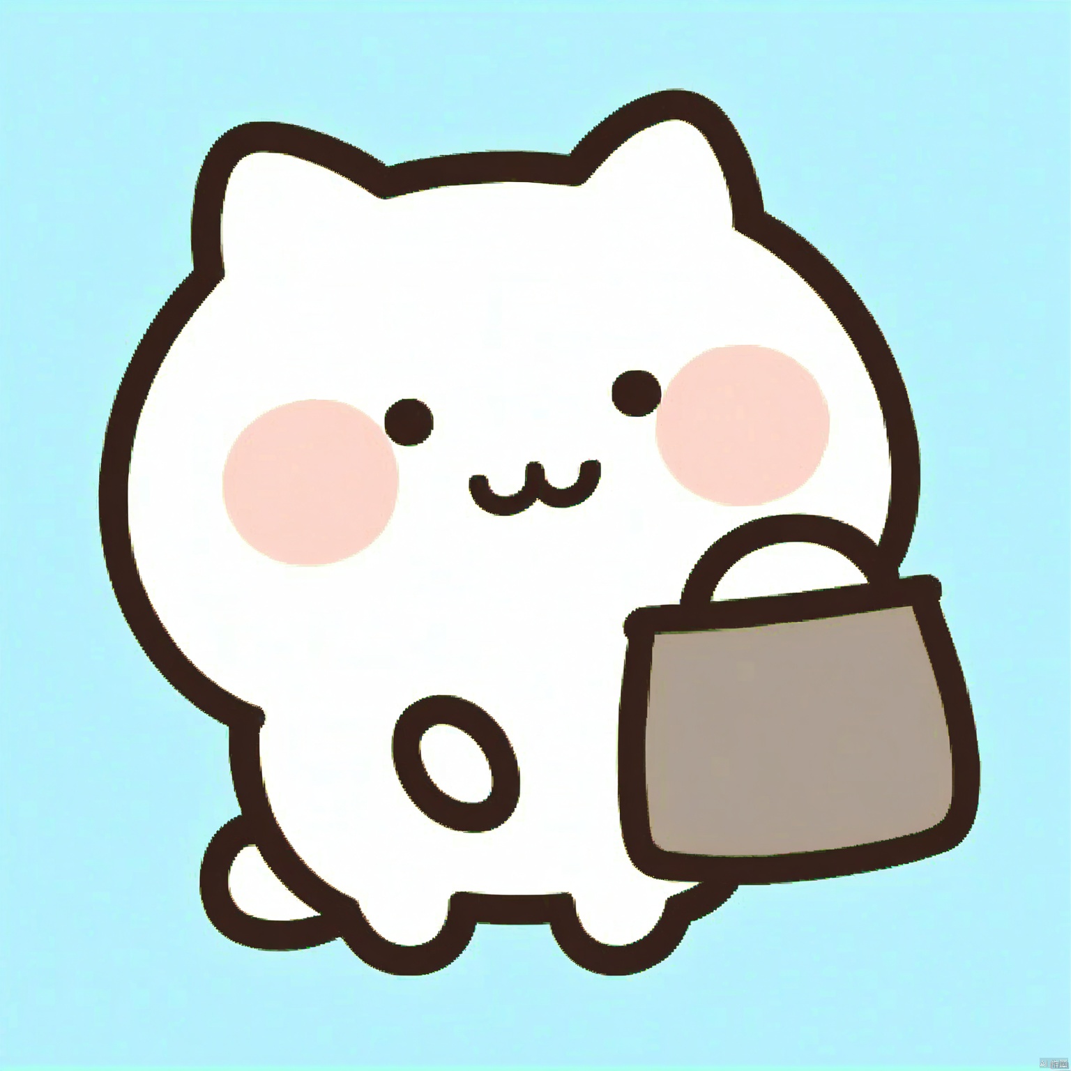 bestquality, 1 white cartoon cat, no human, solo, smile, round face, small black eyes, dumpy body, cartoon, with bow in one ear, carrying a small bag, light blue background.