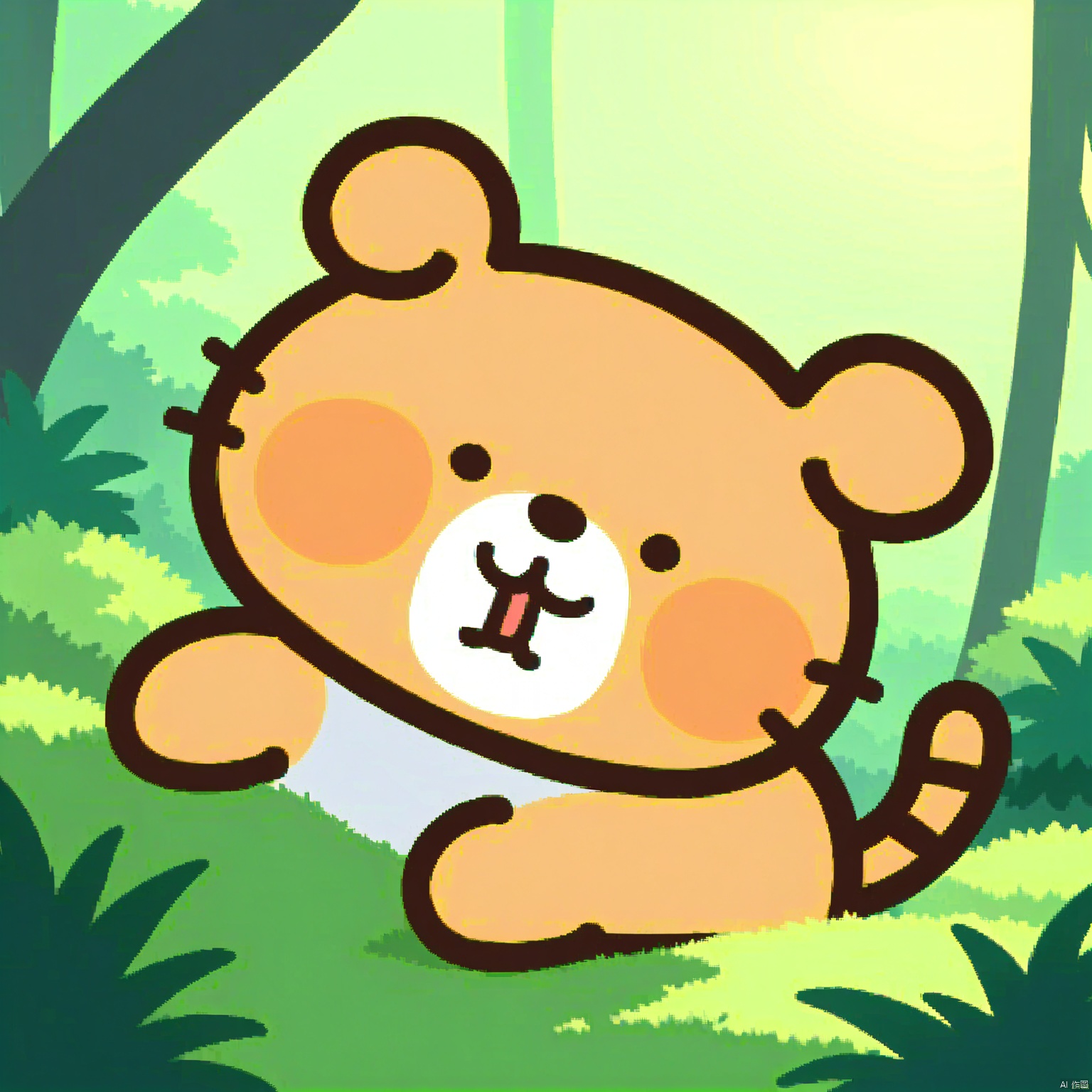 bestquality, 1 orange cartoon tiger, no human, solo, fierce expression, round face, small black eyes, dumpy body, cartoon, prowling through the jungle.