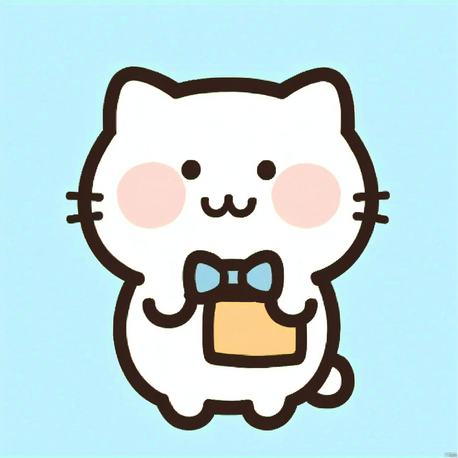 bestquality, 1 white cartoon cat, no human, solo, smile, round face, small black eyes, dumpy body, cartoon, with bow in one ear, carrying a small bag, light blue background.