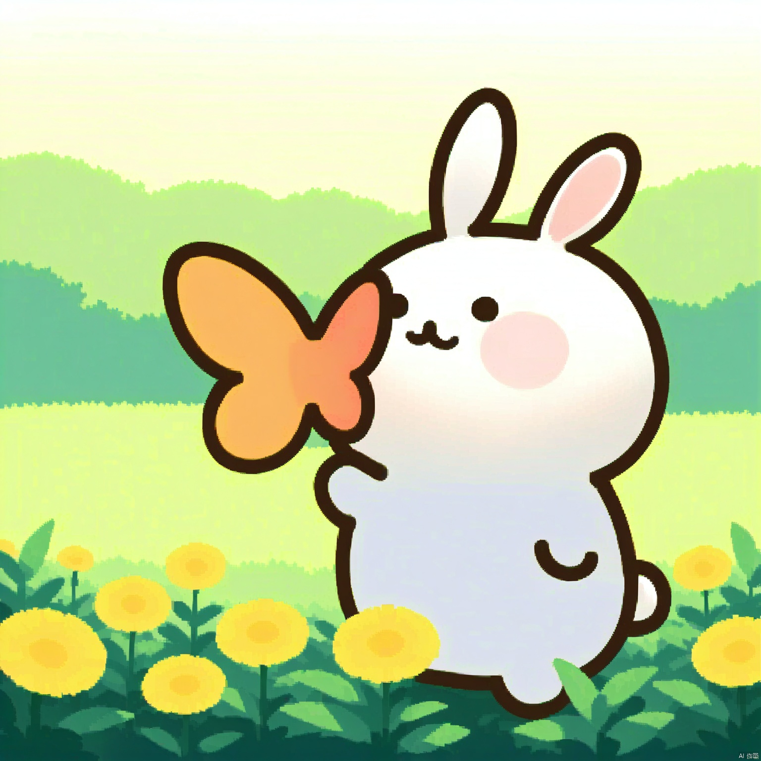 bestquality, 1 white cartoon rabbit, no human, solo, curious expression, round face, small black eyes, dumpy body, sniffing a flower in a garden, butterfly flying nearby