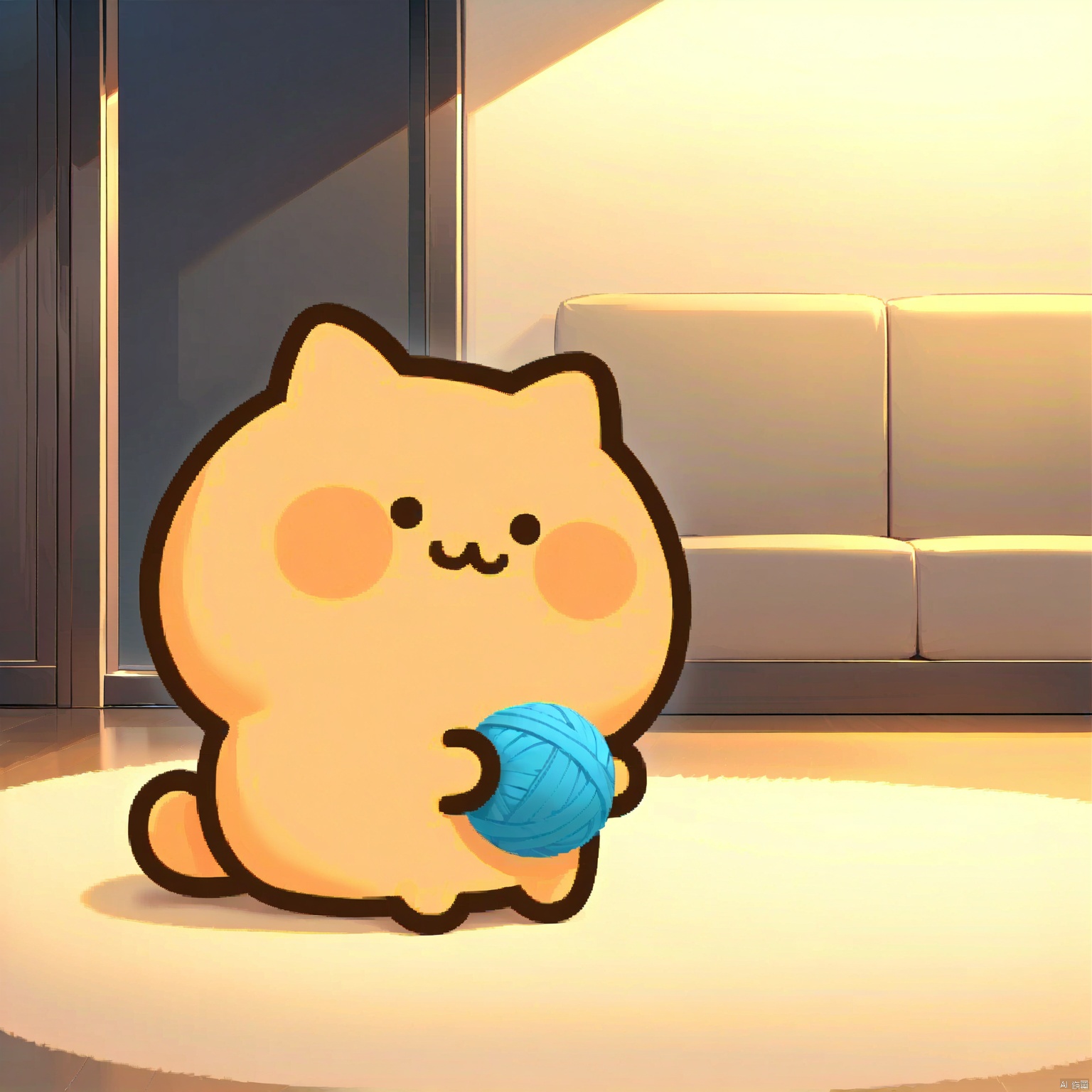 bestquality, 1 orange cartoon kitten, no human, solo, curious expression, round head, small black eyes, chubby body, playing with a ball of yarn, in a cozy living room