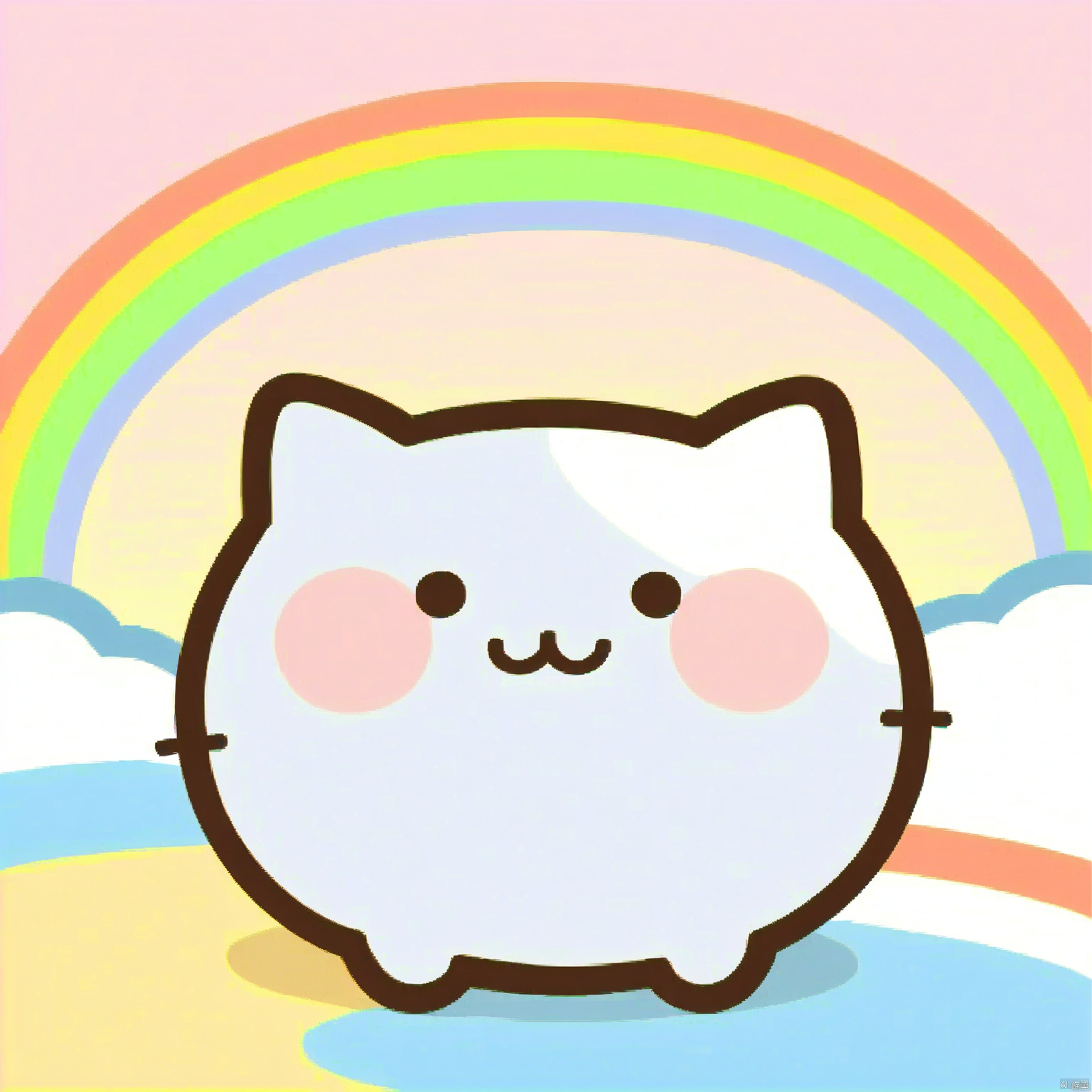 bestquality, 1 white cartoon cat, no human, solo, smile, round face, small black eyes, dumpy body, cartoon, sitting under the rainbow.