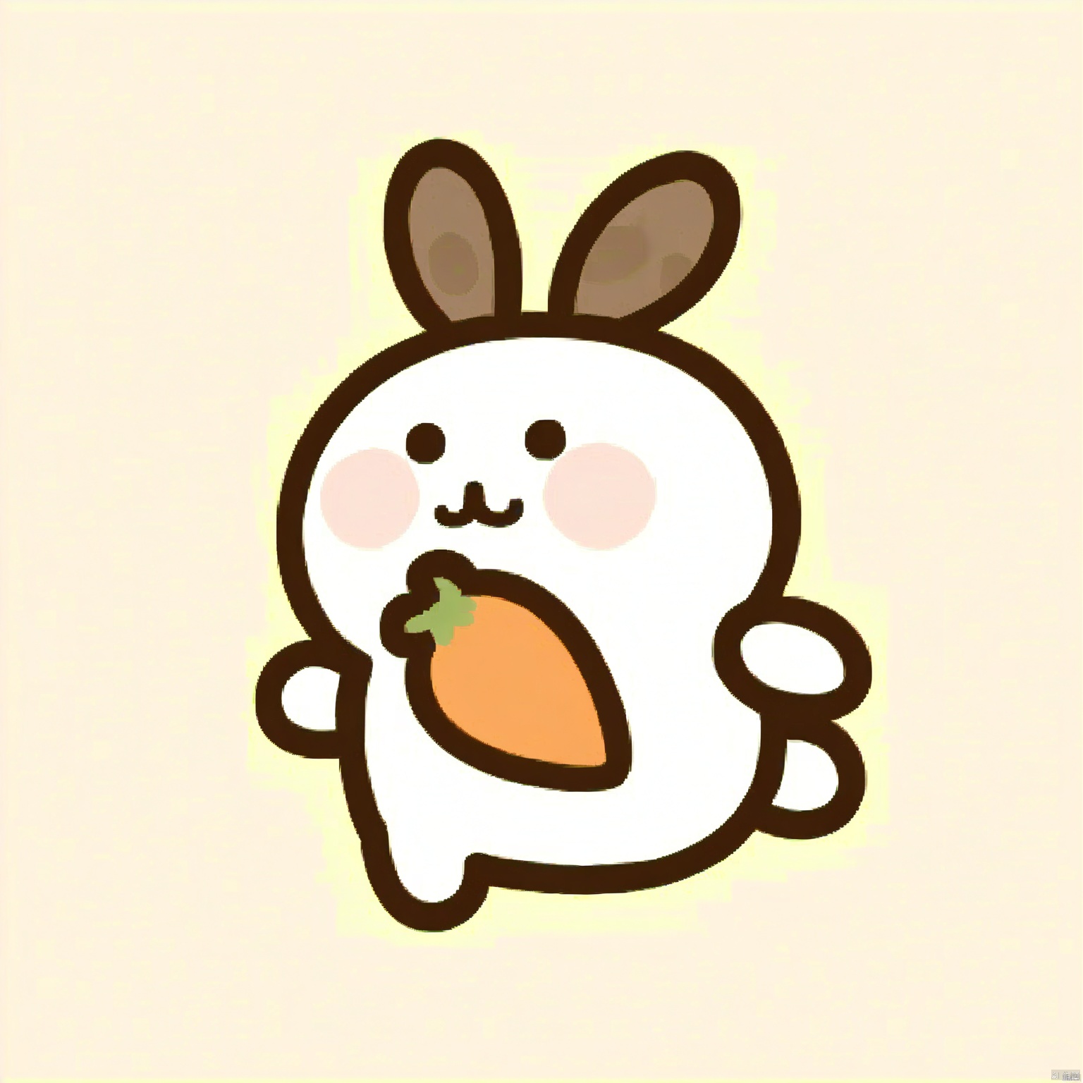 bestquality, 1 white and brown spotted cartoon rabbit, no human, solo, hopping, round face, small black eyes, dumpy body, cartoon, carrot, curious expression.