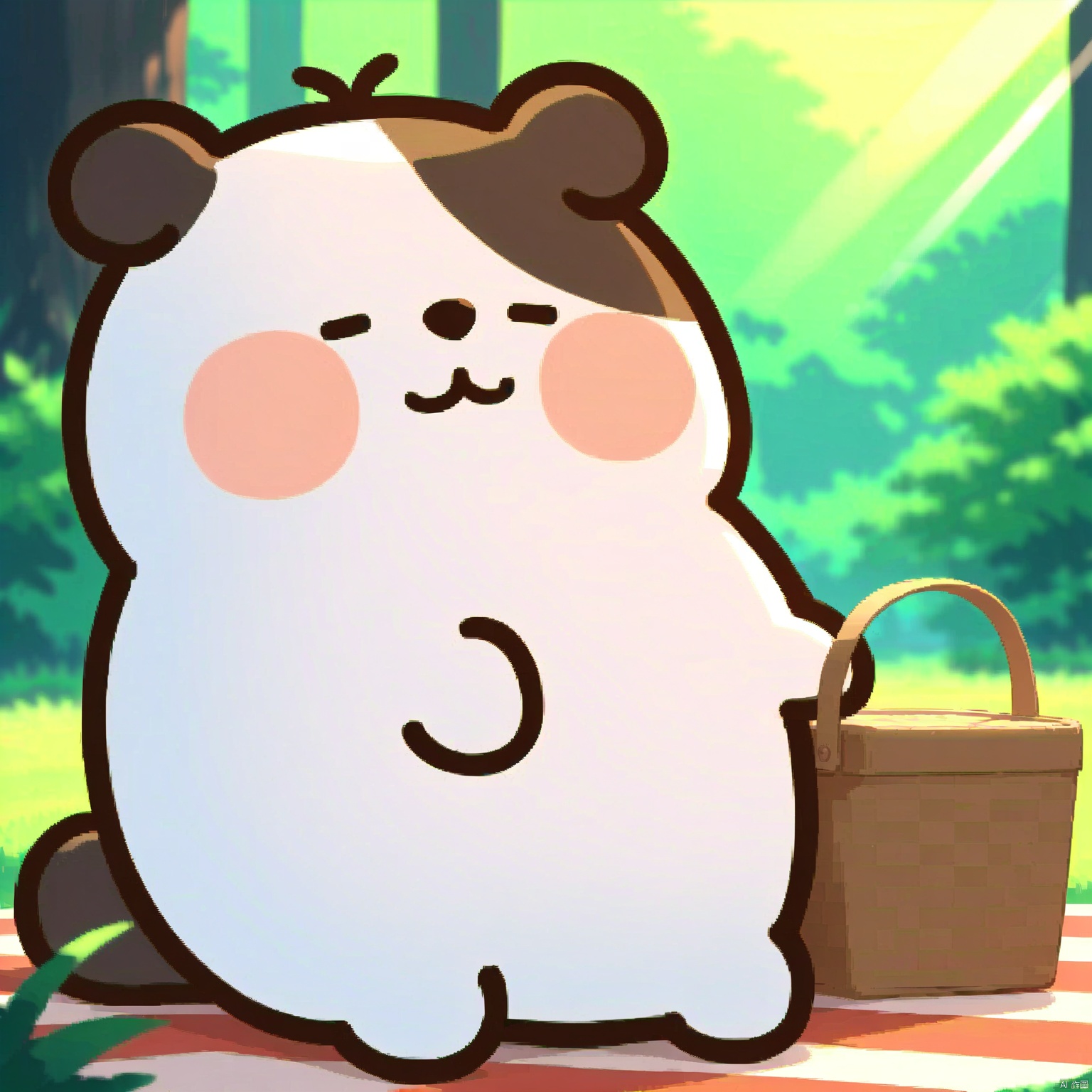 bestquality, 1 black and white cartoon skunk, no human, solo, mischievous expression, round face, small black eyes, chubby body, rummaging through a picnic basket, outdoor forest scene