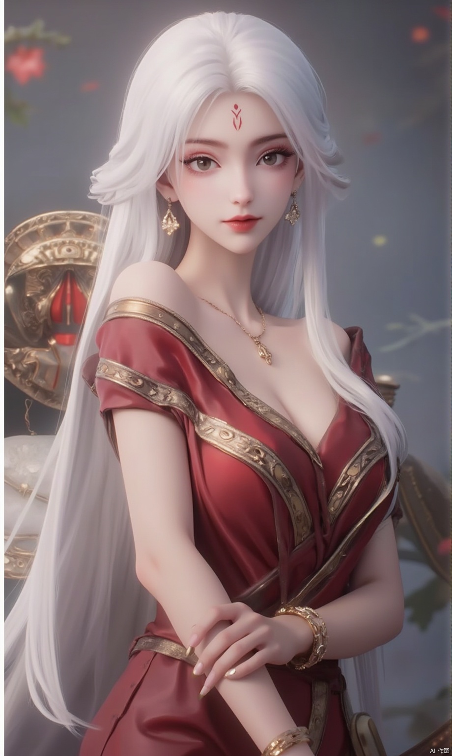  8K image. ((poakl)),white hair,Flux小白-起风,1girl, solo, long hair, breasts, looking at viewer, large breasts, dress, jewelry, sitting, very long hair, white hair, earrings, off shoulder, bracelet, facial mark, red dress, ring, forehead mark,GF