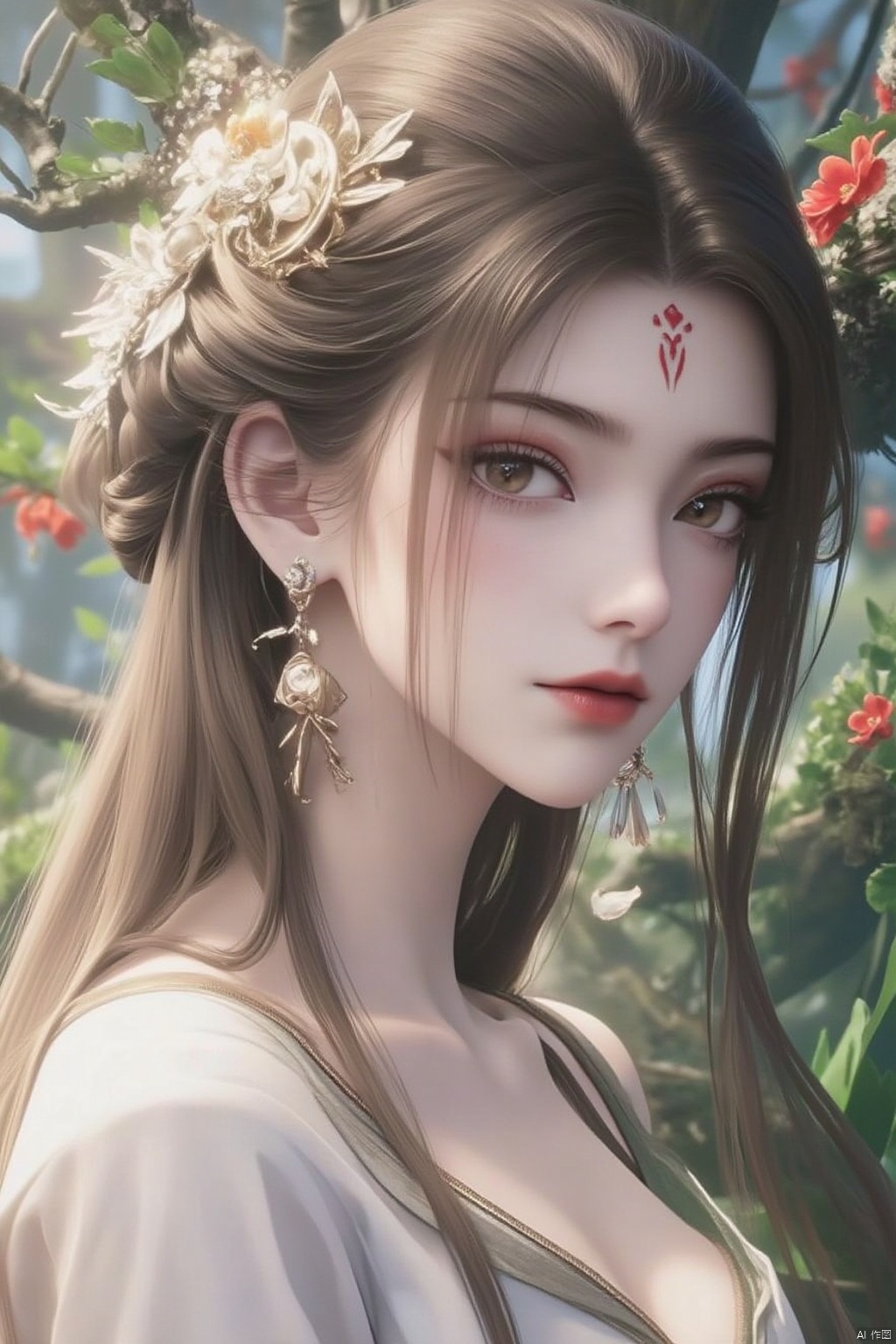 1girl, solo, long hair, breasts, looking at viewer, brown hair, hair ornament, dress, jewelry, flower, outdoors, hair flower, white dress, bracelet, tree, leaning forward, sunlight, plant, hair over shoulder,forehead mark