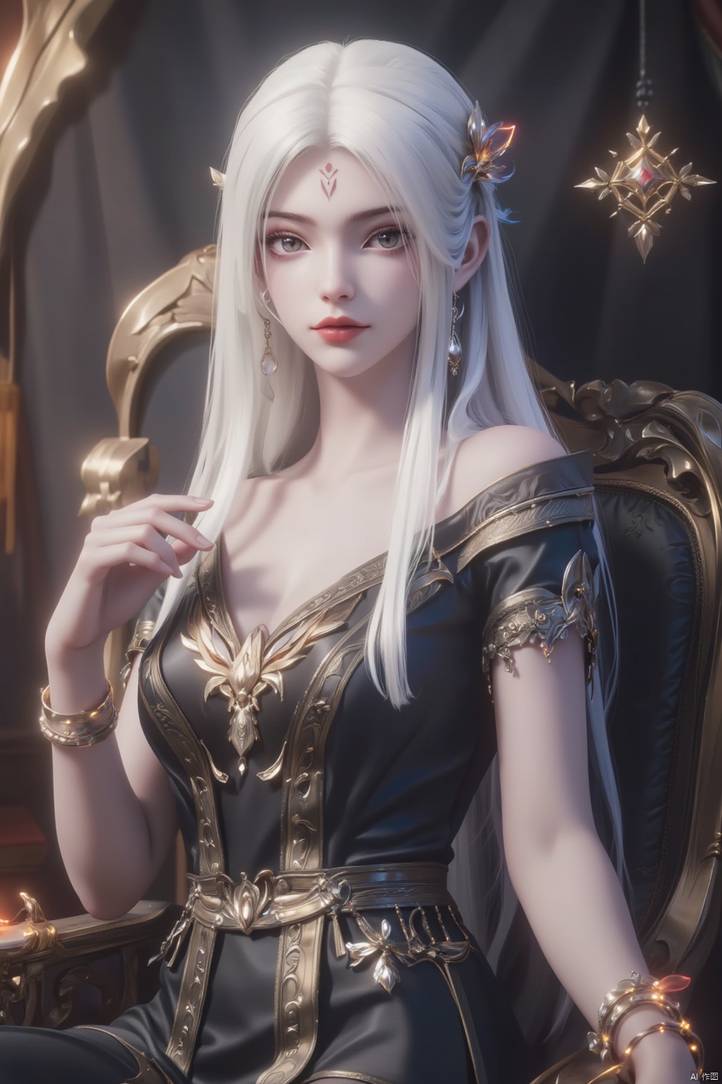 1girl, solo, long hair, breasts, looking at viewer, hair ornament, dress, holding, bare shoulders, jewelry, sitting, white hair, earrings, indoors, black dress, bracelet, grey eyes, armlet, candle,forehead mark