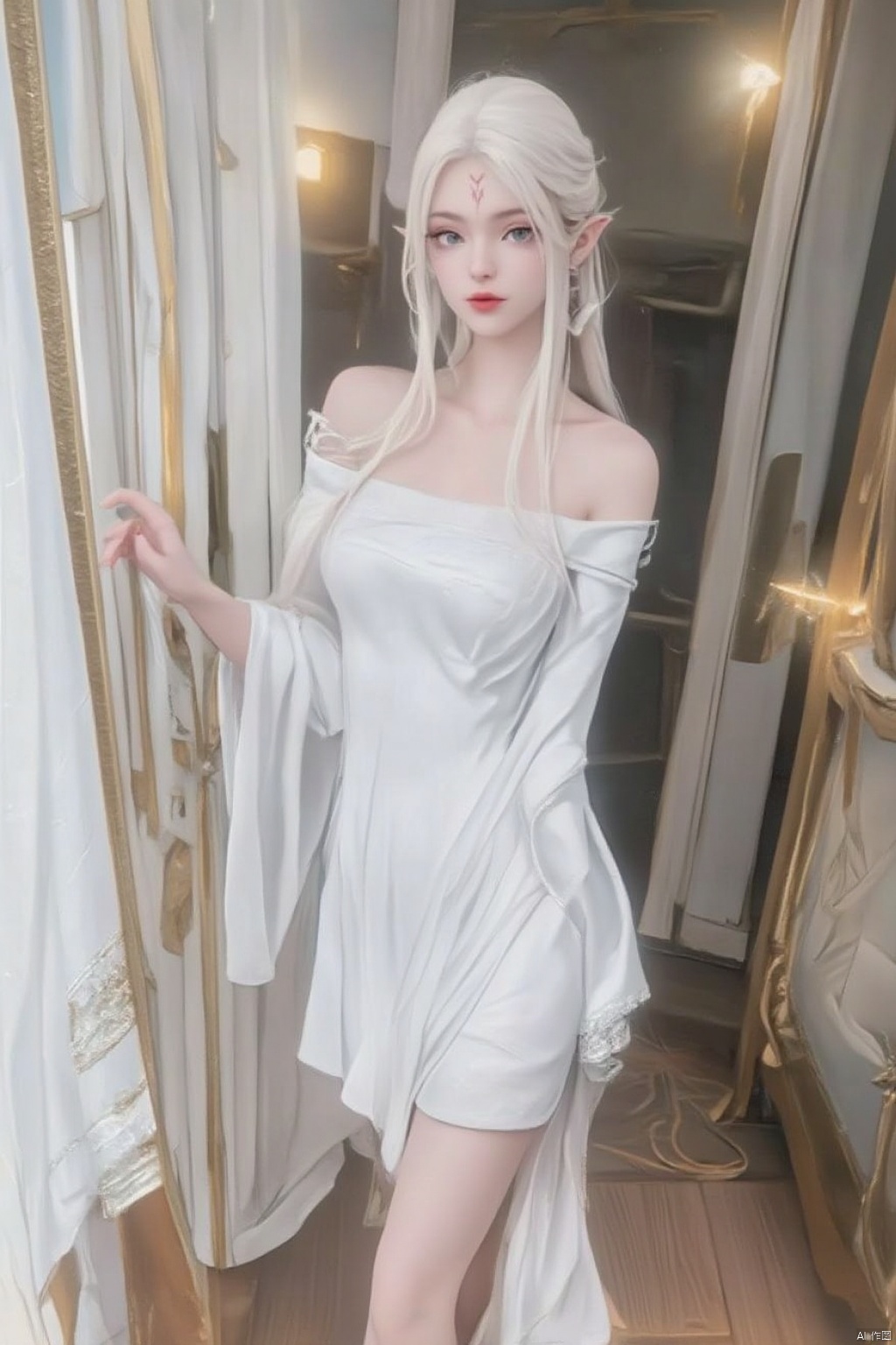 1girl, solo, long hair, breasts, looking at viewer, blue eyes, large breasts, dress, cleavage, bare shoulders, underwear, full body, white hair, pointy ears, indoors, off shoulder, white dress, high heels, lips, facial mark, white footwear, wooden floor, forehead mark, realistic, door