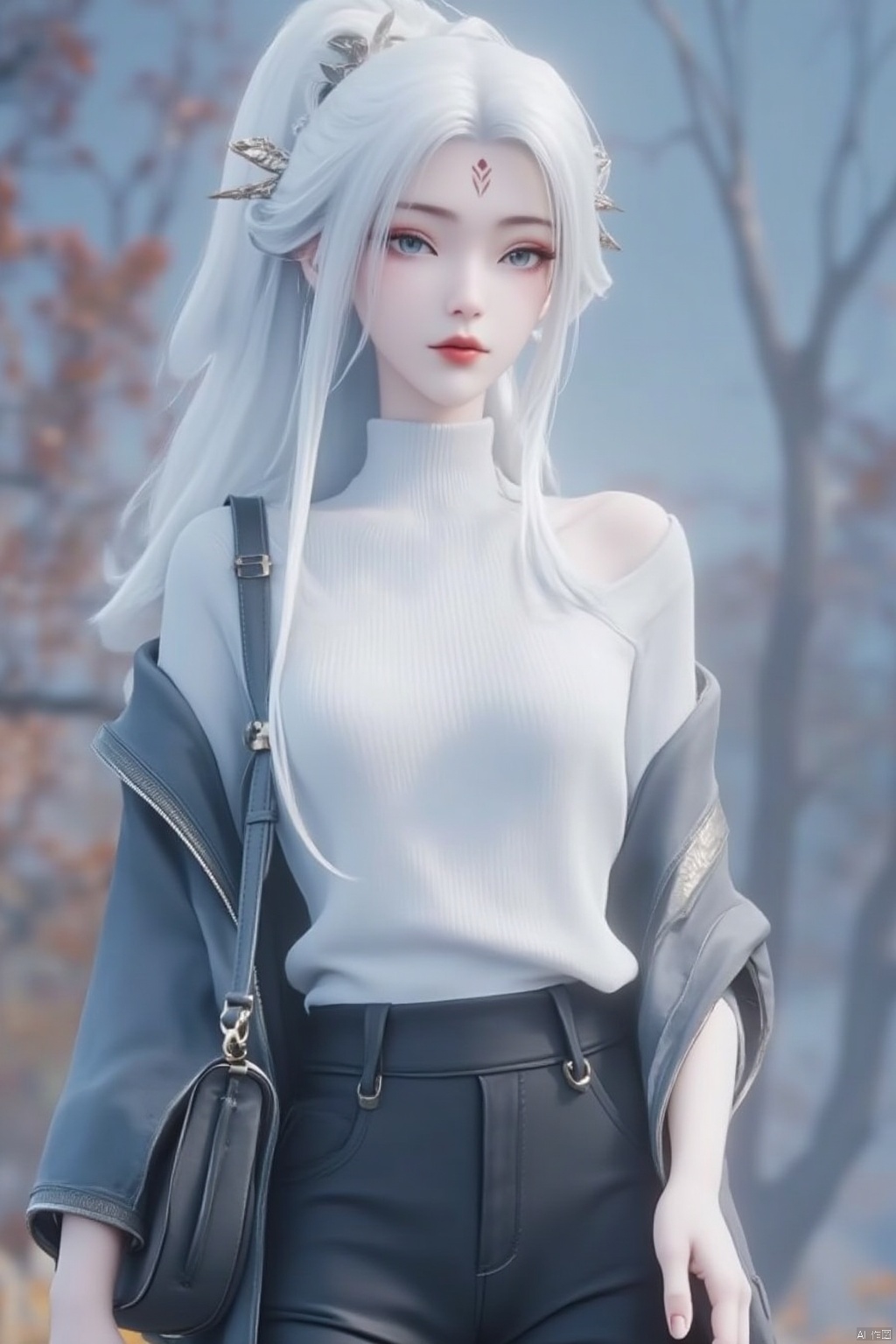 1girl, solo, long hair, looking at viewer, blue eyes, hair ornament, standing, ponytail, white hair, outdoors, open clothes, pants, bag, sweater, lips, coat, turtleneck, black pants, handbag, shoulder bag, red lips, white sweater,forehead mark