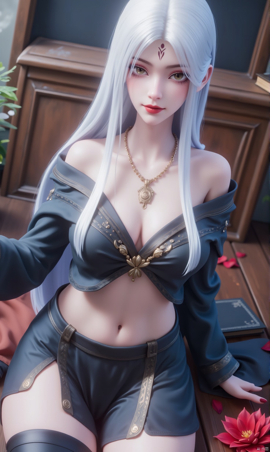  8K image. ((poakl)),white hair,Flux小白-起风,1girl, solo, long hair, breasts, looking at viewer, skirt, shirt, thighhighs, navel, cleavage, bare shoulders, jewelry, medium breasts, sitting, closed mouth, collarbone, flower, white hair, midriff, black thighhighs, indoors, black skirt, necklace, off shoulder, stomach, crop top, grey eyes, book, petals, black shirt, makeup, facial mark, lipstick, red flower, single thighhigh, pale skin, forehead mark, red lips, book stack,