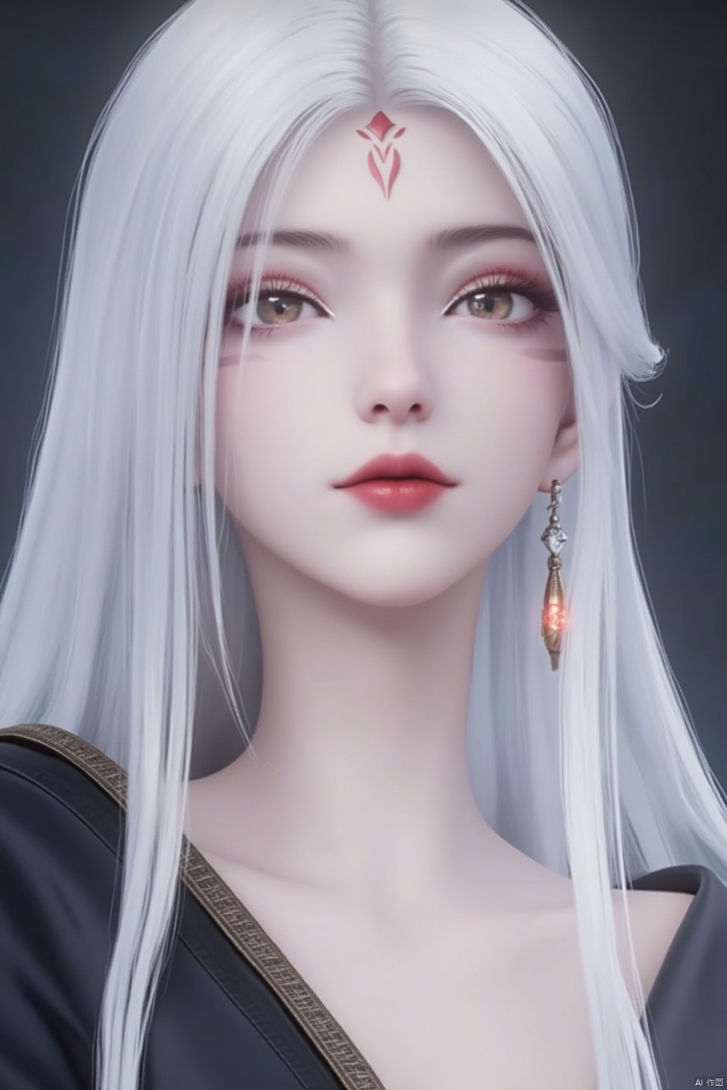 1girl, solo, long hair, looking at viewer, hair ornament, jewelry, white hair, earrings, lips, makeup, facial mark, portrait, forehead mark, red lips