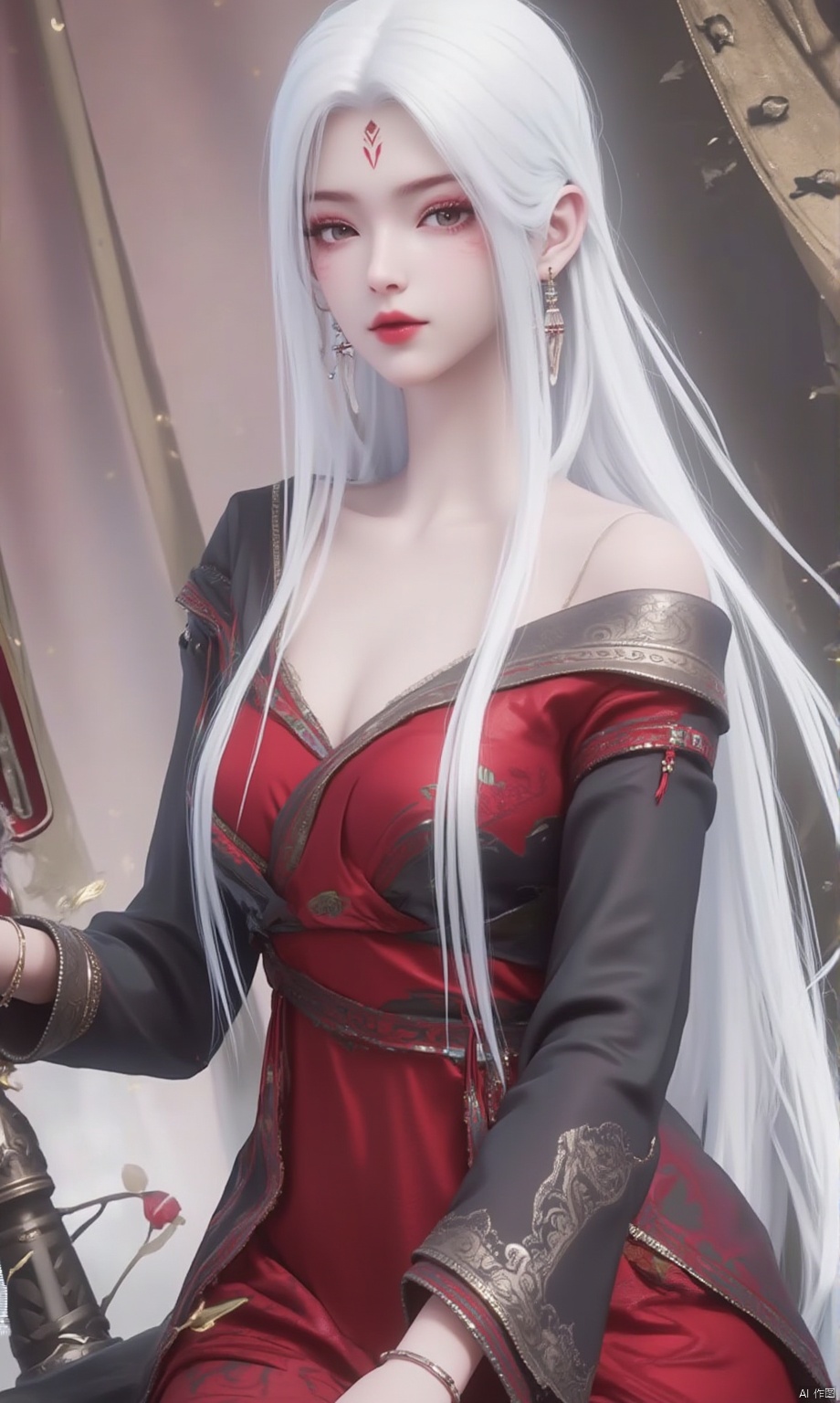  8K image. ((poakl)),white hair,Flux小白-起风,1girl, solo, long hair, breasts, looking at viewer, large breasts, dress, jewelry, sitting, very long hair, white hair, earrings, off shoulder, bracelet, facial mark, red dress, ring, forehead mark,GF