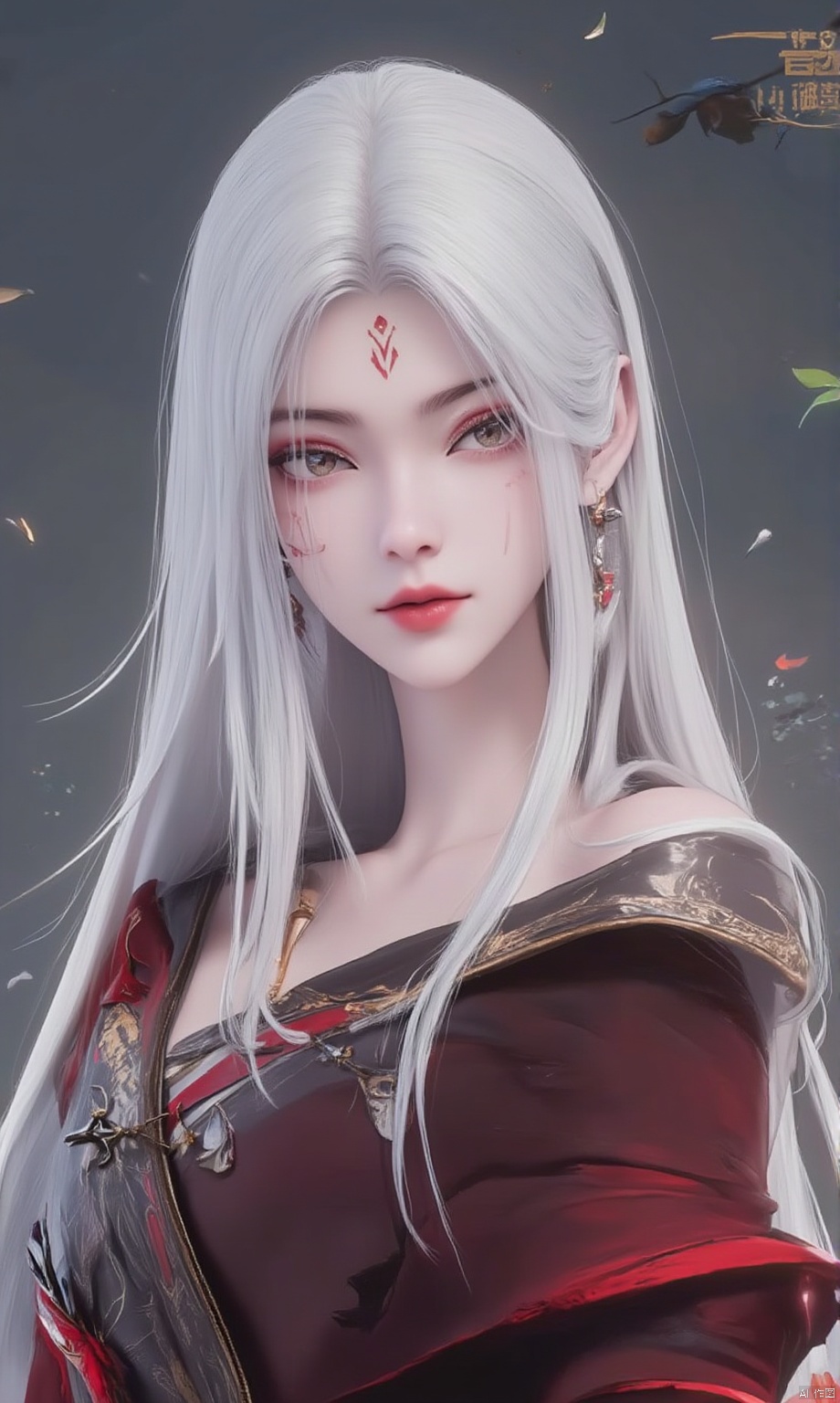  8K image. ((poakl)),white hair,Flux小白-起风,1girl, solo, long hair, breasts, looking at viewer, large breasts, dress, jewelry, sitting, very long hair, white hair, earrings, off shoulder, bracelet, facial mark, red dress, ring, forehead mark,