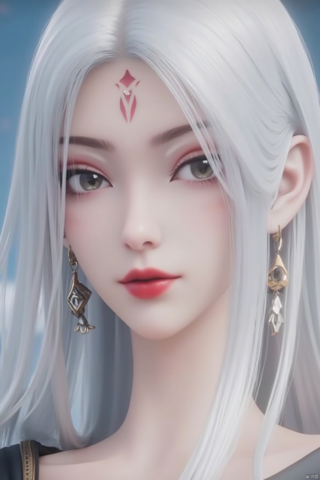 1girl, solo, long hair, looking at viewer, hair ornament, jewelry, white hair, earrings, lips, makeup, facial mark, portrait, forehead mark, red lips