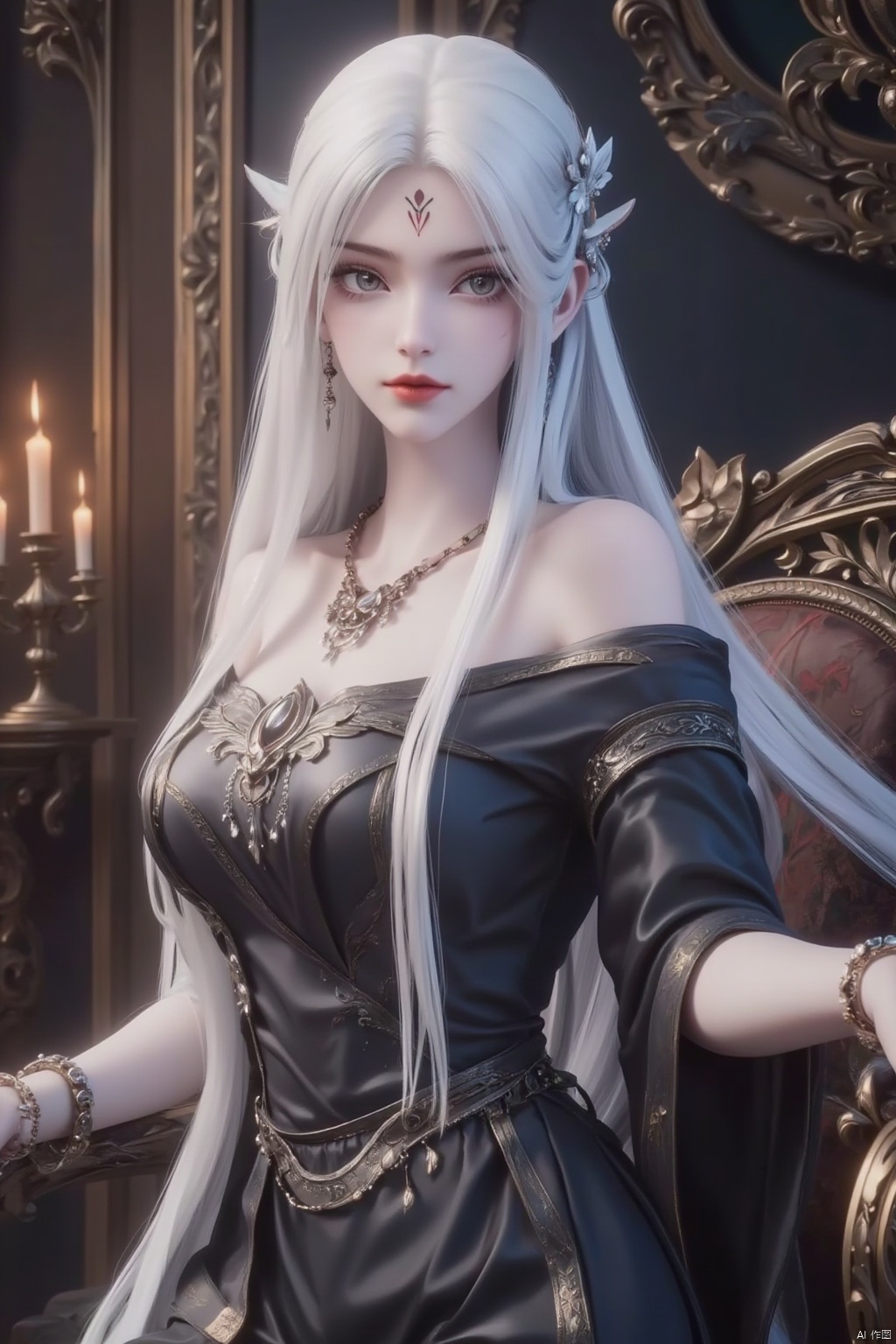 1girl, solo, long hair, breasts, looking at viewer, hair ornament, dress, holding, bare shoulders, jewelry, sitting, white hair, earrings, indoors, black dress, bracelet, grey eyes, armlet, candle,forehead mark