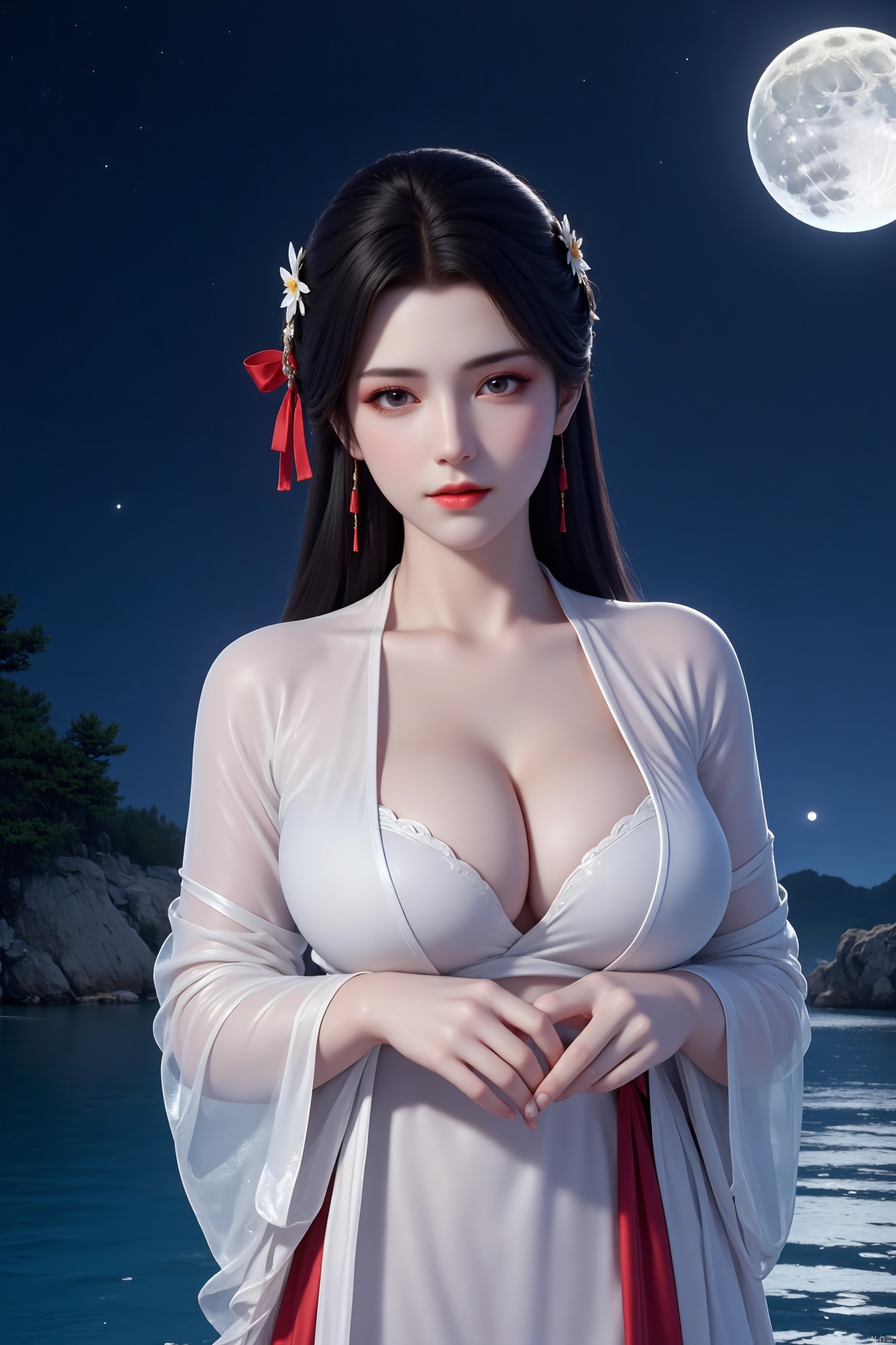 a medium-sized Asian woman,  dressed in a white kimono,  adorned with a red ribbon on Tensor.Art