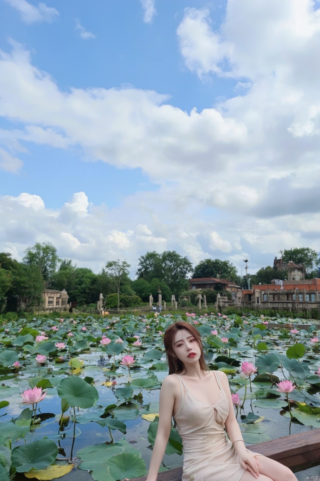 1girl,,Xhbch,Lotus, blue sky, white clouds,(huge breasts:1.59),(Sitting on the lotus pond porch:1.49) ,(A pond full of pink lotus flowers:1.5),Xyunxiao,Xsonghanfu,Xheziqun,Xhuolinger,Xhbch,Xxiaoxuner