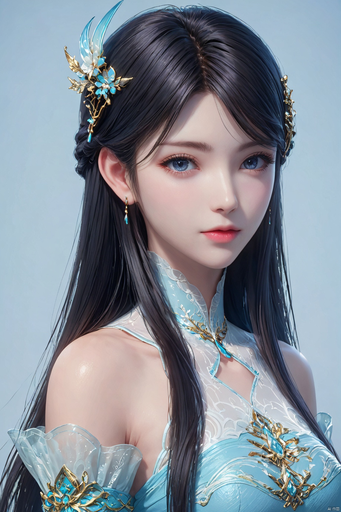 score_9,score_8_up,score_7_up,XXE,1girl, solo, long hair, looking at viewer, blue eyes, simple background, black hair, hair ornament, white background, dress, bare shoulders, jewelry, upper body, earrings,  blue dress