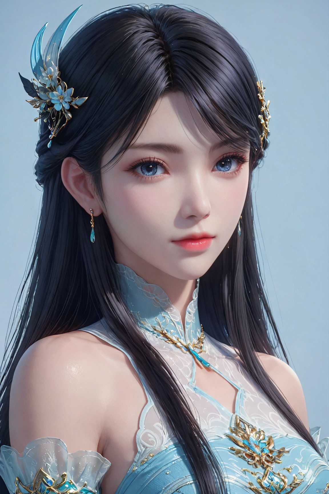 score_9,score_8_up,score_7_up,XXE,1girl, solo, long hair, looking at viewer, blue eyes, simple background, black hair, hair ornament, white background, dress, bare shoulders, jewelry, upper body, earrings,  blue dress