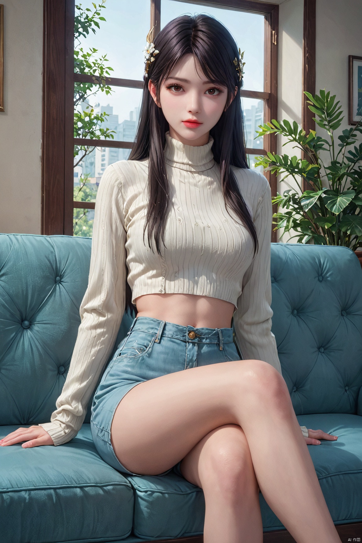 score_9,score_8_up,score_7_up,XXE,1girl, solo, long hair, looking at viewer, bangs, black hair, hair ornament, long sleeves, navel, brown eyes, sitting, closed mouth, shorts, midriff, indoors, sweater, lips, parted bangs, short shorts, bare legs, window, feet out of frame, turtleneck, crossed legs, plant, couch, turtleneck sweater, realistic, nose, white sweater, midriff peek