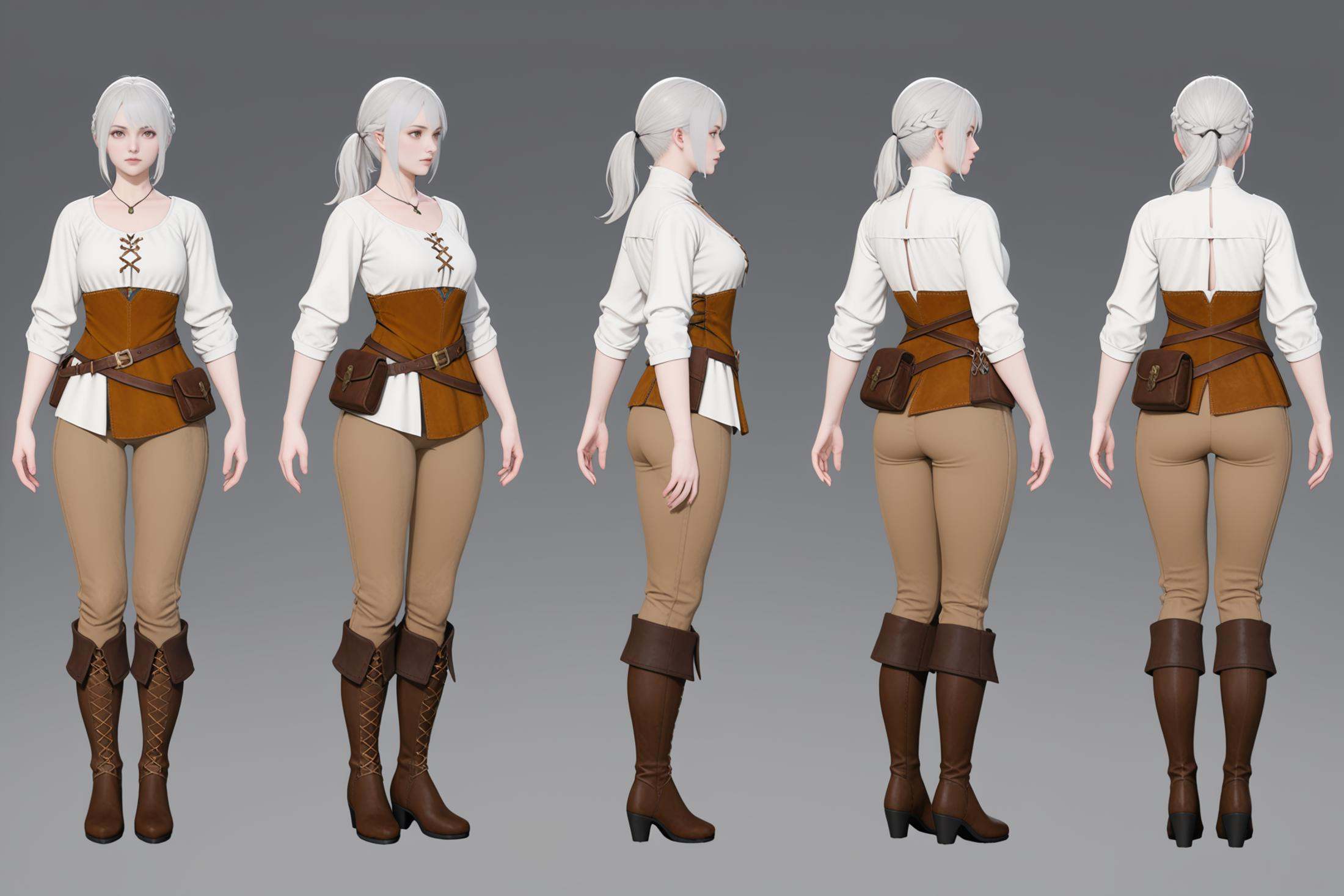 full body character turnaround of 1girl,  Multiple views of the same character in the same outfit,  simple background on T...