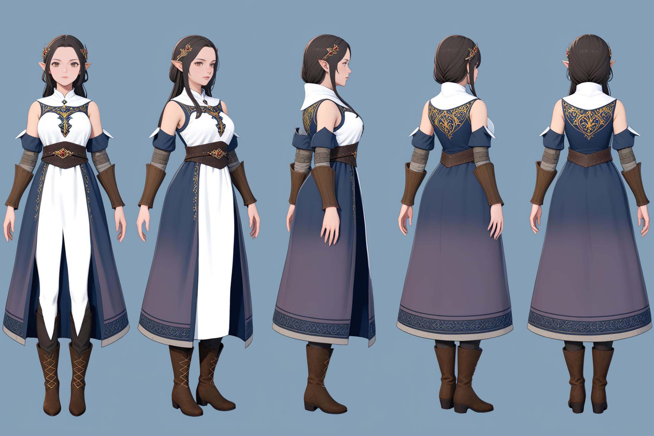 full body character turnaround of 1girl,  Multiple views of the same character in the same outfit,  simple background on T...